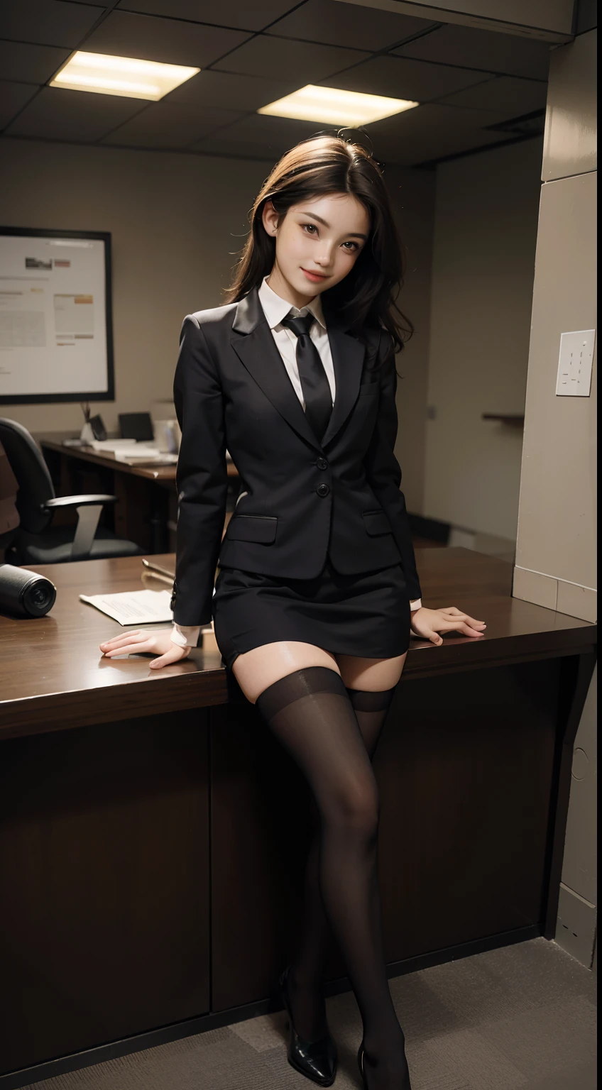 high resolution, photorealistic, hyperrealism, ultra sharpness, detailed eyes, best light, BREAK, 1girl, japanese, idol, kawaii, 18yo, silk skin, (black_business_skirt_suit, black jacket, black pencil skirt, white shirt:1.3), (office:1.4), BREAK, looking at viewer, (nsfw:1.5), (sex with multiple men:1.5), (gangbang:1.7), vaginal, penis in pussy, testicles, pov