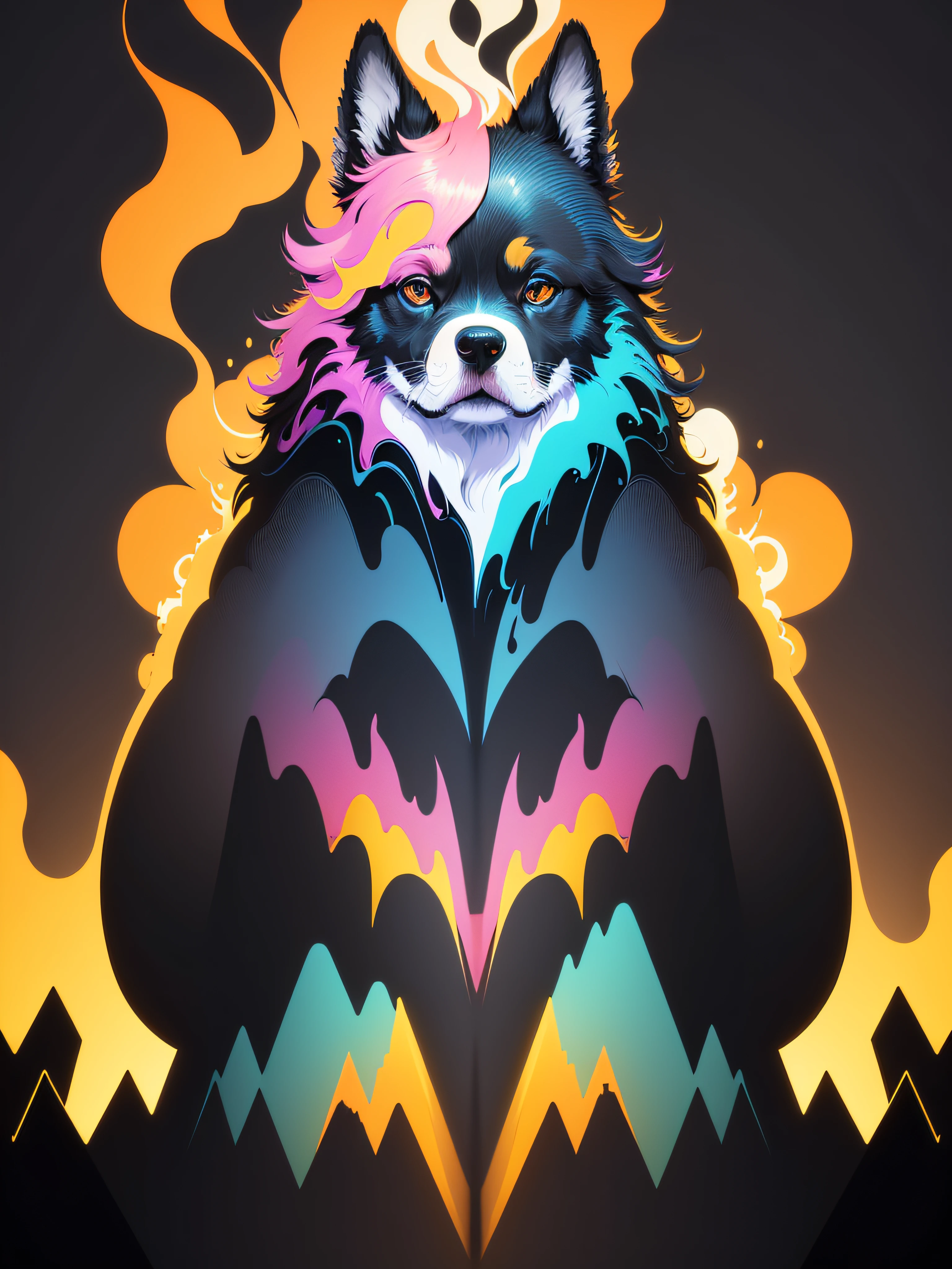 graphic design for printing on t shirt, flat design, beautiful dog head with vivid colourful hair, abstract mountains in the background, luminous plants, colourful tones, highly detailed clean, vector image, professional photography, smoke explosion, simple background, flat black background , shiny vector ((black background))