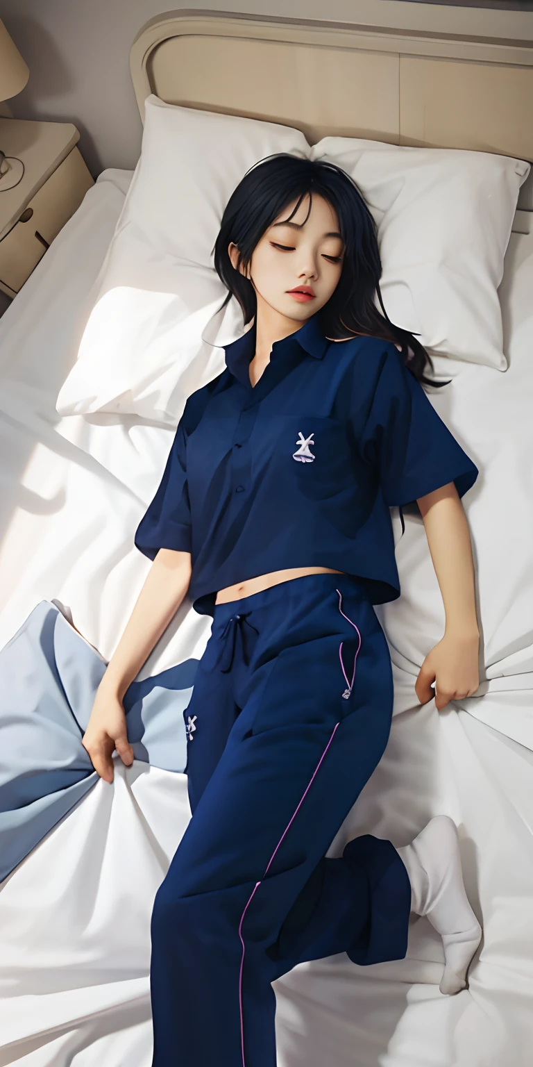 high quailty，detail,Girl sleeping soundly in bed,navy shirt bdclothes,((long_trackpants:1.3)),sockNatural and authentic，Lighting and shadows