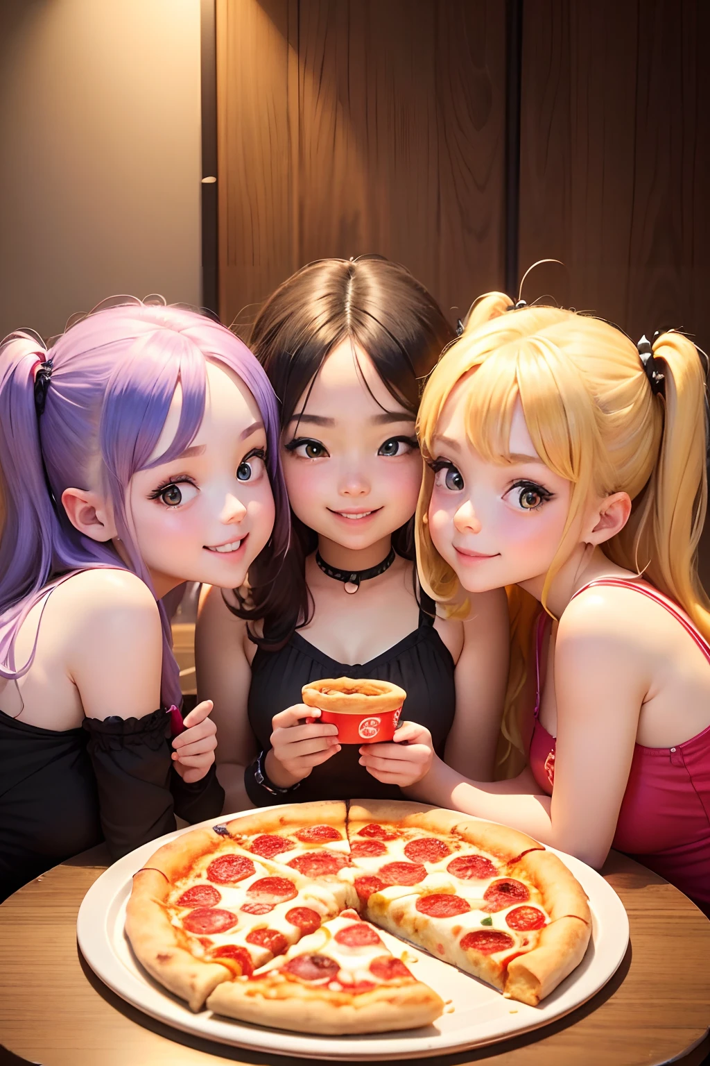 "(best quality,highres,masterpiece:1.2),3 cute girls eating pizza happily,smiling,beautiful girls,chibi trio,big heads,super deformed,adorable,pizza and juice on the table,delicious-looking pizza and juice,fun,pizza party,party decorations in the background"