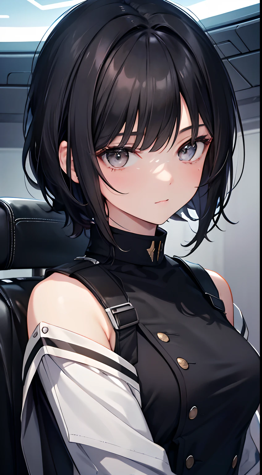 (highest resolution, distinct_image) Best quality, one woman, masterpiece, highly detailed, semi realistic, short black hair, black hair, gray eyes, bangs, 21 years old, shoulder length hair, mature, young, black clothing , black uniform, military uniform, spaceship space, exquisite facial features, facial features