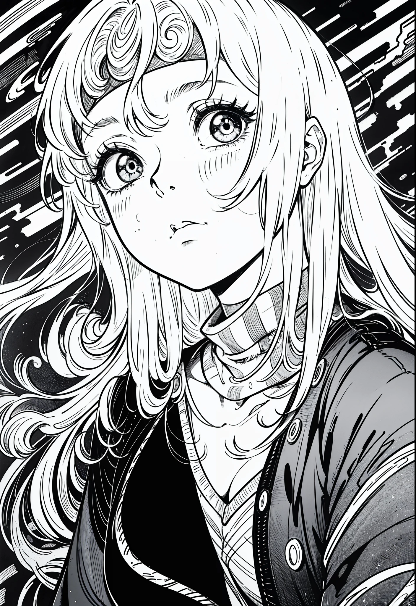 a woman long hair, Black background, Sad, expressionless, Shot in the chest, Close-up of the upper body, rough expressive lines, expressive lines, dark lines, dense lines, intense line work, Masterpiece, Best Quality, super fine, extremely delicate and beautiful, horror manga, Black and white manga, black & Drawing with a white line, inspired by Junji Ito, Junji Ito's artistic style, hand-drawn, focus character, very fine,