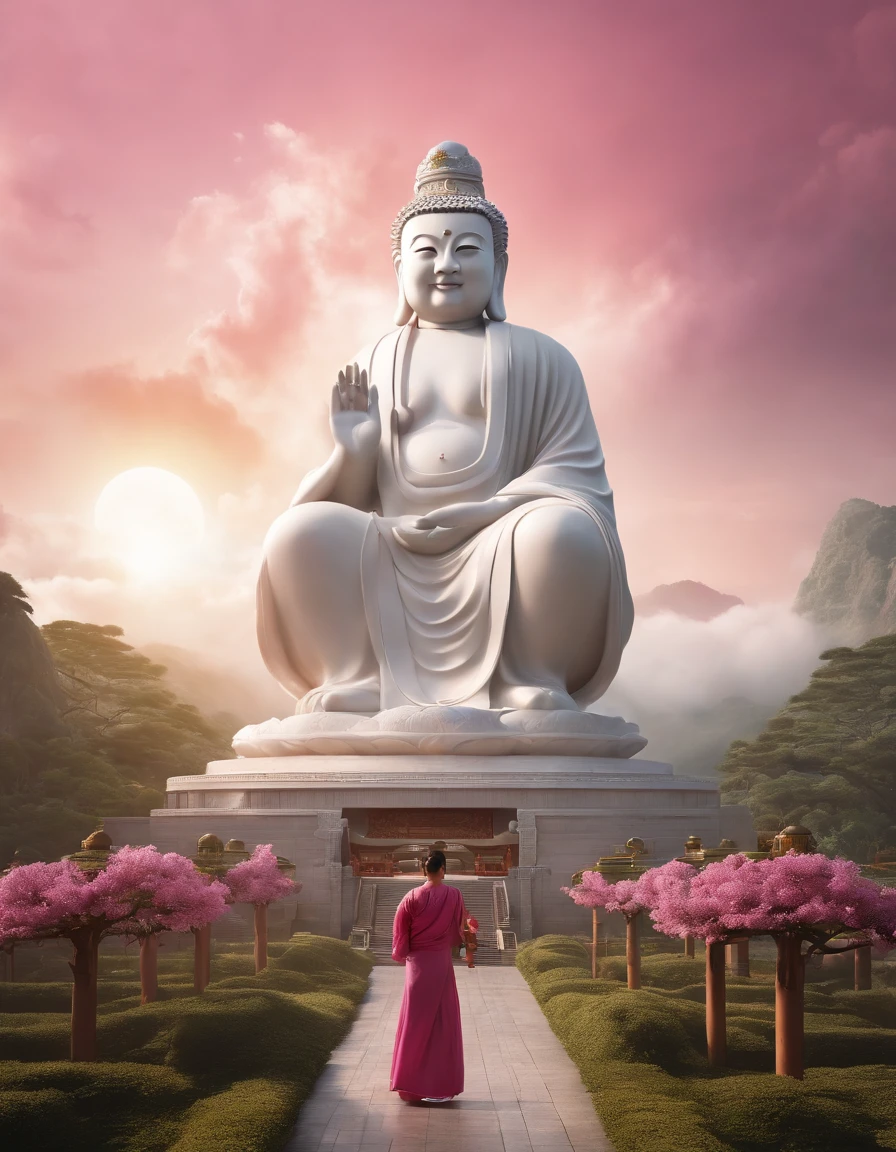 ((masutepiece))，(Best Quality))，china style，In the sky, The clouds form a huge transparent and shining white jade Maitreya statue，Thick clouds，sun shining，Pilgrims on the road，Hyper-realistic，Ultra photo realsisim，Pink，8K，High Definition，high quarity，Works of masters，super-fine，（（（OC Renderer）））