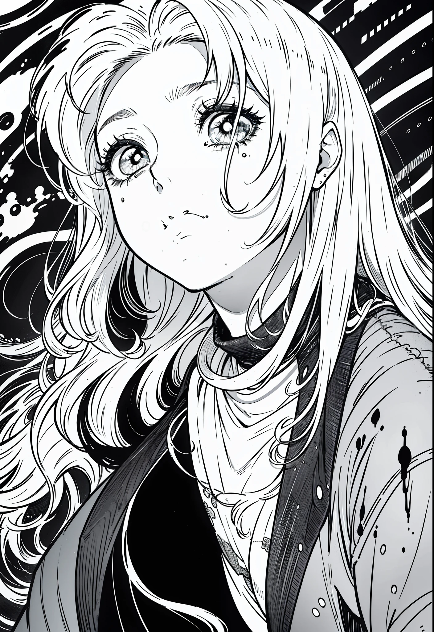 a woman long hair, Black background, Sad, expressionless, Shot in the chest, Close-up of the upper body, rough expressive lines, expressive lines, dark lines, dense lines, intense line work, Masterpiece, Best Quality, super fine, extremely delicate and beautiful, horror manga, Black and white manga, black & Drawing with a white line, inspired by Junji Ito, Junji Ito's artistic style, hand-drawn, focus character, very fine,