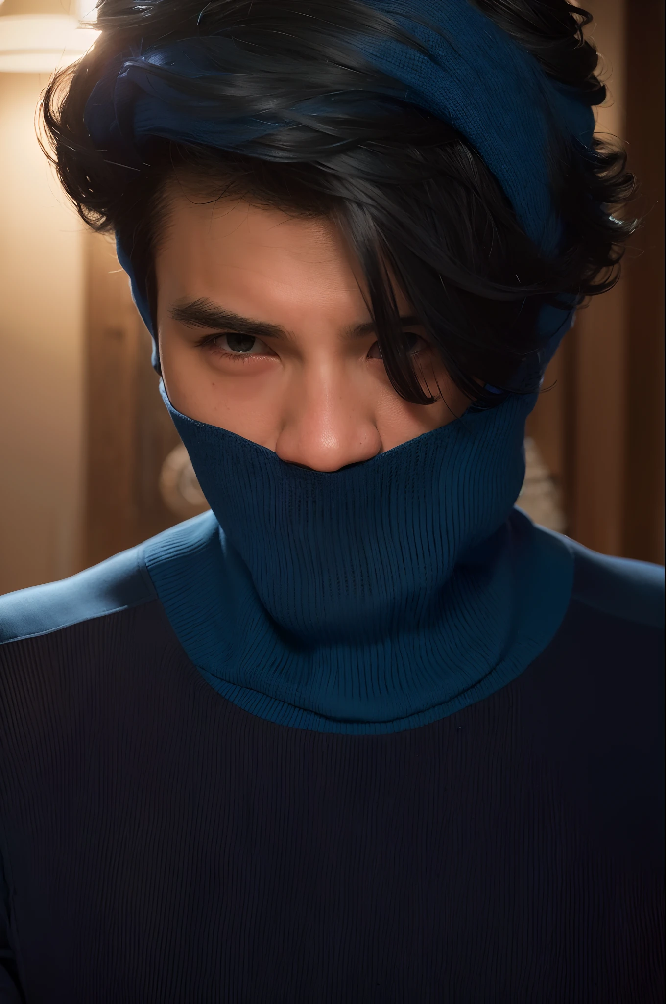 arafed man wearing a blue turtle neck sweater and a blue mask, blue turtleneck, high collar, man wearing a closed cowl, thick collar, wearing turtleneck, thick neck, cowl, attractive neck, straight neck, blue sweater, balaclava, facemask, balaclava covering face, neck visible, smooth symmetrical chin