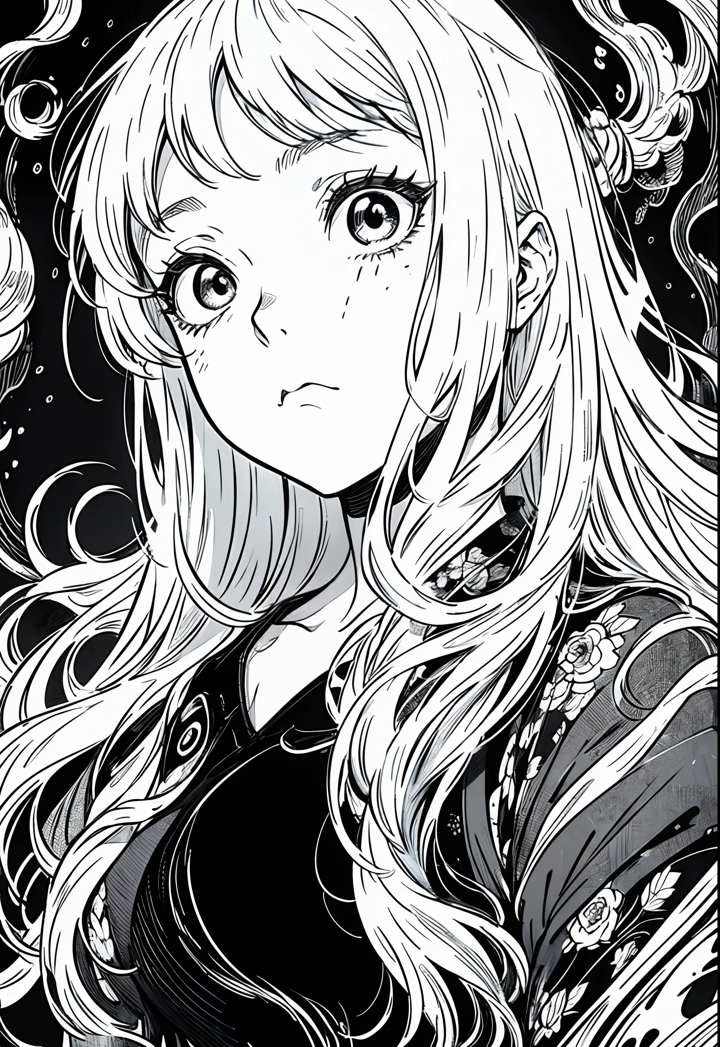a woman long hair, Black background, Sad, expressionless, Shot in the chest, Close-up of the upper body, rough expressive lines, expressive lines, dark lines, dense lines, intense line work, Masterpiece, Best Quality, super fine, extremely delicate and beautiful, horror manga, Black and white manga, black & Drawing with a white line, inspired by Junji Ito, Junji Ito's artistic style, hand-drawn, focus character, very fine,