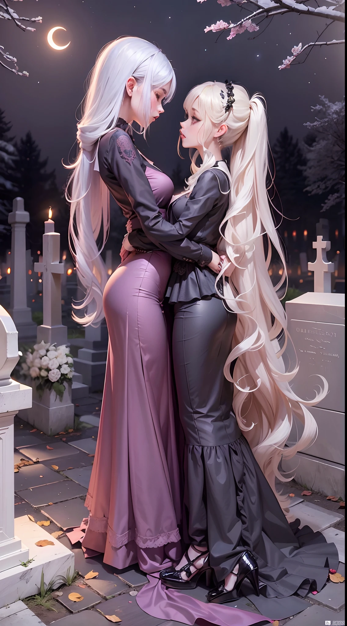 full body shot shot,An extremely high, Slim sexy busty girl,extra very long hair,Girls are especially tall,The legs are particularly long,The other girl was short and inch-headed,Nights without moon fog,Kiss and cuddle in the cemetery in long skirts and shoes,Share tender and erotic NSFW moments