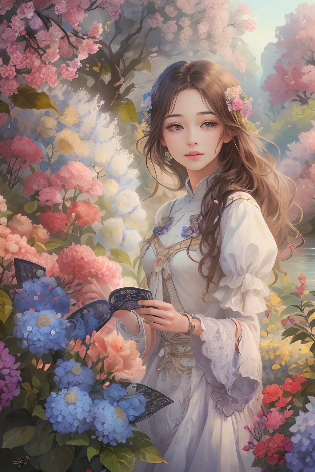 A girl standing in a beautiful garden, Surrounded by vibrant hydrangeas and hydrangea petals floating in the air. The scenery is picturesque, A tranquil river flows beside the winding road. The girl has charming and delicate eyes, Long eyelashes enhance her beauty. Her lips are also beautiful, Adds to her elegant appearance。The artwork is of the highest quality, The resolution is 8K, Provides ultra-detailed and realistic depictions. The colors are vivid and vibrant, Add depth and life to your images. The overall style of the illustration is reminiscent of a masterpiece, Showcase intricate details and craftsmanship. The lighting in the scene is soft and soft, creating a warm and inviting atmosphere.