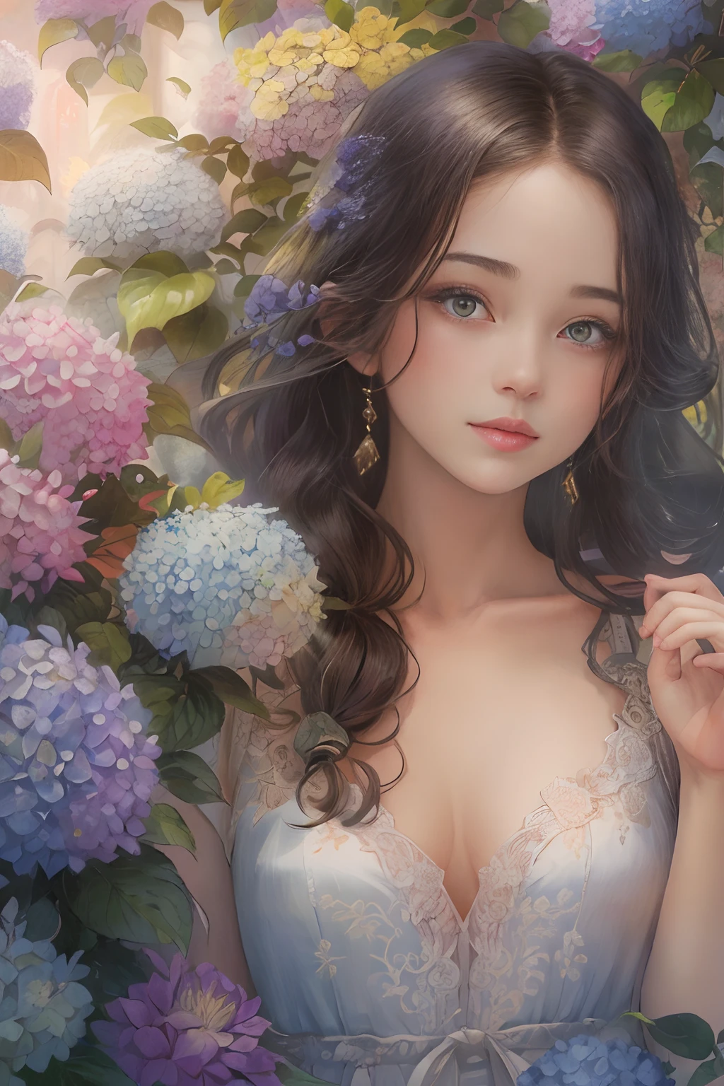 A girl standing in a beautiful garden, Surrounded by vibrant hydrangeas and hydrangea petals floating in the air. The scenery is picturesque, A tranquil river flows beside the winding road. The girl has charming and delicate eyes, Long eyelashes enhance her beauty. Her lips are also beautiful, Adds to her elegant appearance。The artwork is of the highest quality, The resolution is 8K, Provides ultra-detailed and realistic depictions. The colors are vivid and vibrant, Add depth and life to your images. The overall style of the illustration is reminiscent of a masterpiece, Showcase intricate details and craftsmanship. The lighting in the scene is soft and soft, creating a warm and inviting atmosphere.