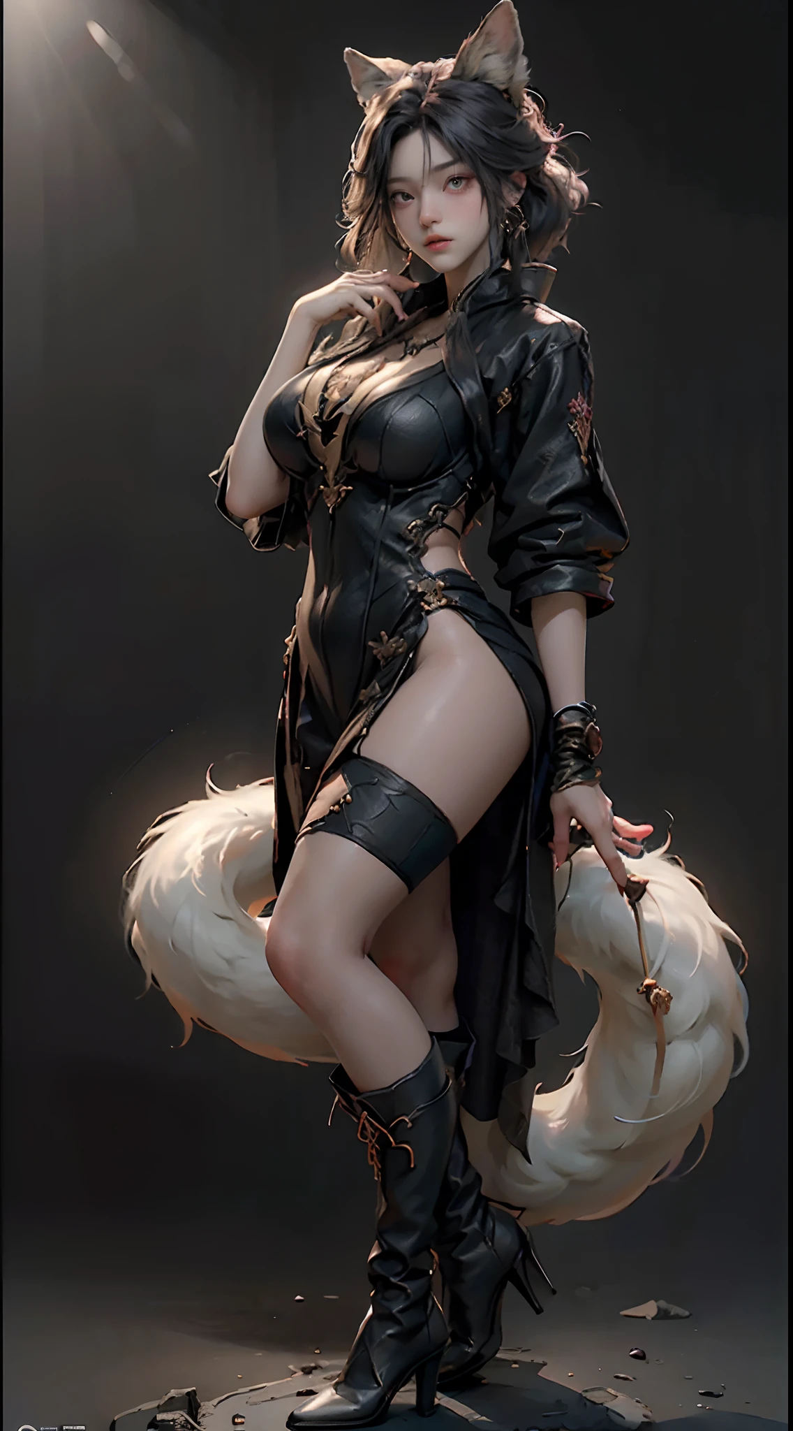 ((best qualtiy)),((full body shot shot)), ((tmasterpiece)), (the detail:1.4), 3D, Nine-tailed demon fox,Delicate fox ears,HDR(HighDynamicRange),Ray traching,NVIDIA RTX,Super-Resolution,Unreal 5,Subsurface scattering、PBR Texture、post-proces、Anisotropy Filtering、depth of fields、maximum definition and sharpness、The costumes and facial expressions of the characters are very detailed,Her figure is incomparably tall and plump,huge tit,fat hips,Super long long legs,and high-heeled leather boots,Detailed depictions are shown。The expression is very charming,It gives a breathtaking feeling。Many-Layer Textures、Albedo e mapas Speculares、Surface Coloring、Accurate simulation of light-material interactions、perfectly proportions、Octane Render、Two-colored light、largeaperture、Low ISO、White balance、the rule of thirds、8K RAW、