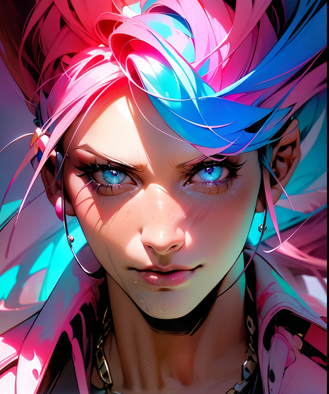 a close up of a person with colorful hair, inspired by Mandy Jurgens, with soft pink colors, realistically rendered clothing, tiktok, real-life brook, sculpted out of candy, no watermark signature, a full-color airbrushed, art of silverfox, sussy baka