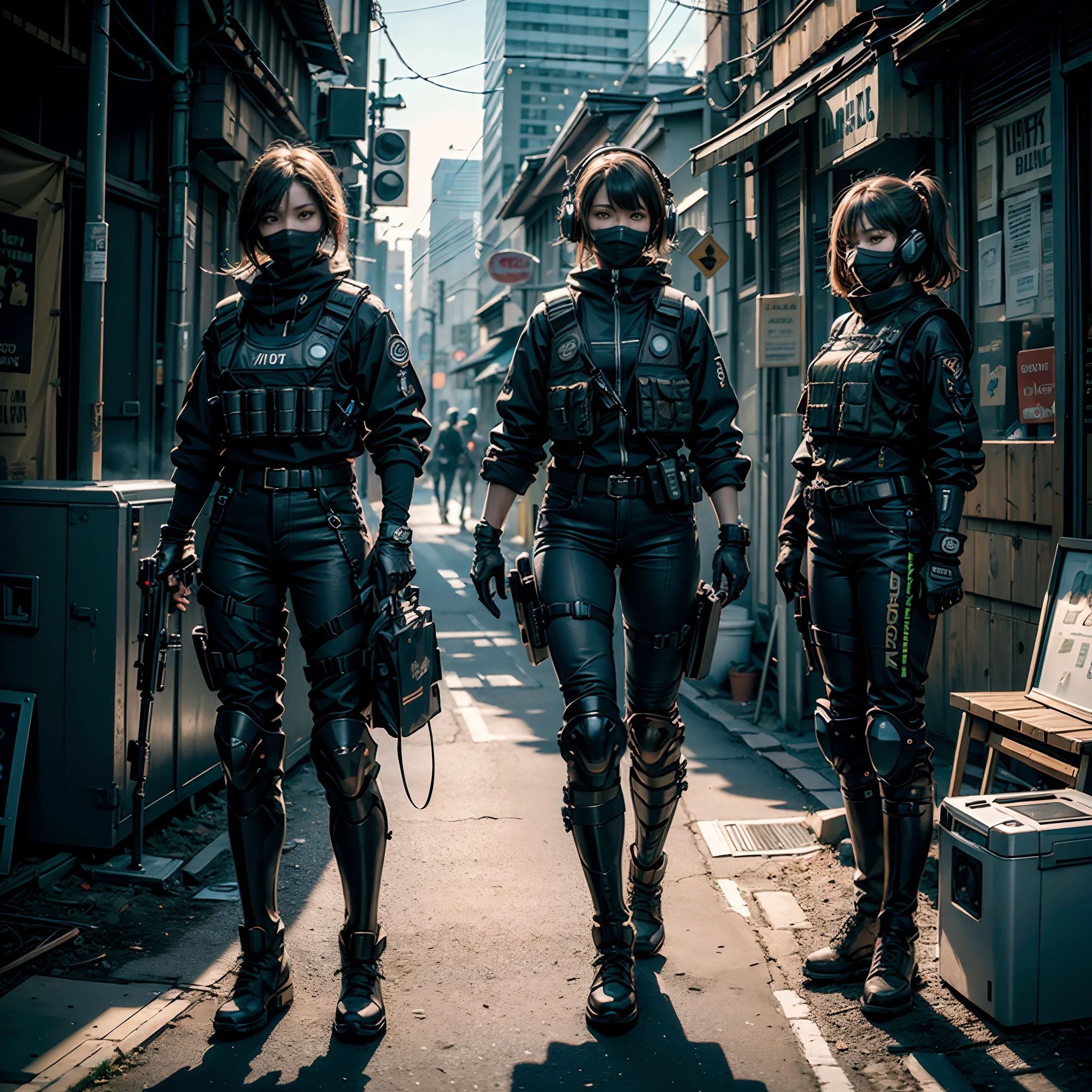 ((high quality)), ((masterpiece)), 8k, 2girls, bulletproof vest, light rays, extremely detailed CG unity 8k wallpaper, game cg, looking at viewer, gloves, boots, full body, watch, computer, mask, drone, holding weapon, headphones,