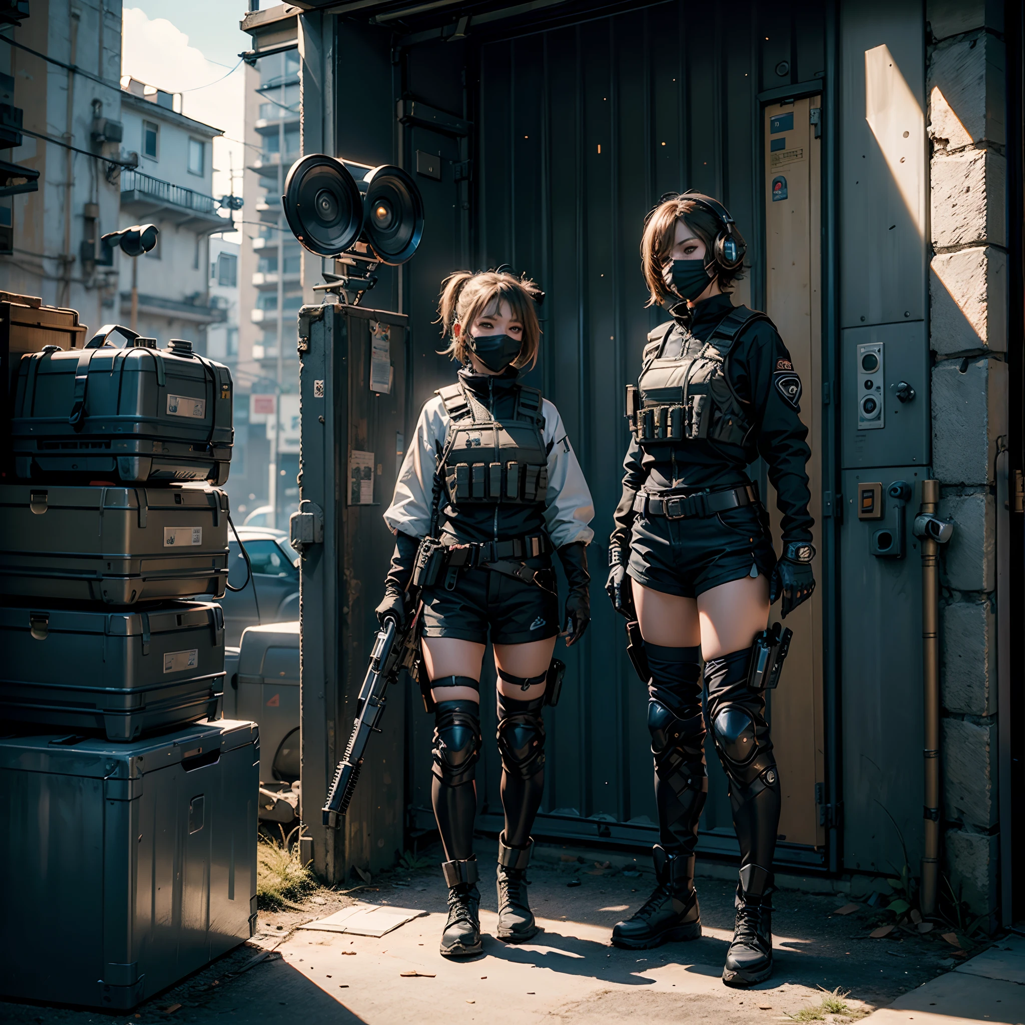 ((high quality)), ((masterpiece)), 8k, 2girls, bulletproof vest, light rays, extremely detailed CG unity 8k wallpaper, game cg, looking at viewer, gloves, boots, full body, watch, computer, mask, drone, holding weapon, headphones,