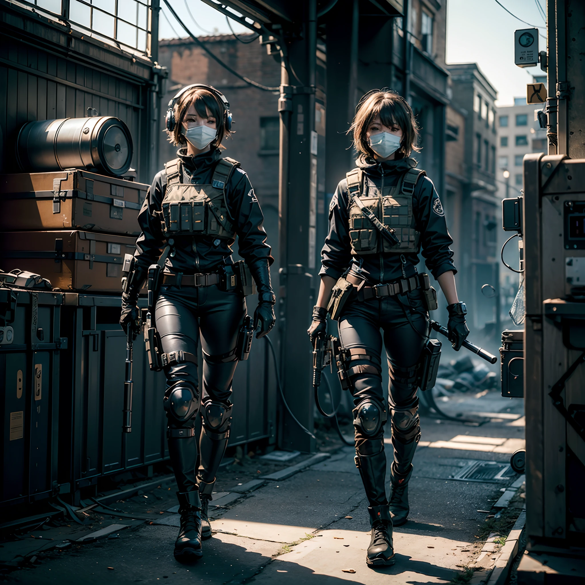 ((high quality)), ((masterpiece)), 8k, 2girls, bulletproof vest, light rays, extremely detailed CG unity 8k wallpaper, game cg, looking at viewer, gloves, boots, full body, watch, computer, mask, drone, holding weapon, headphones,