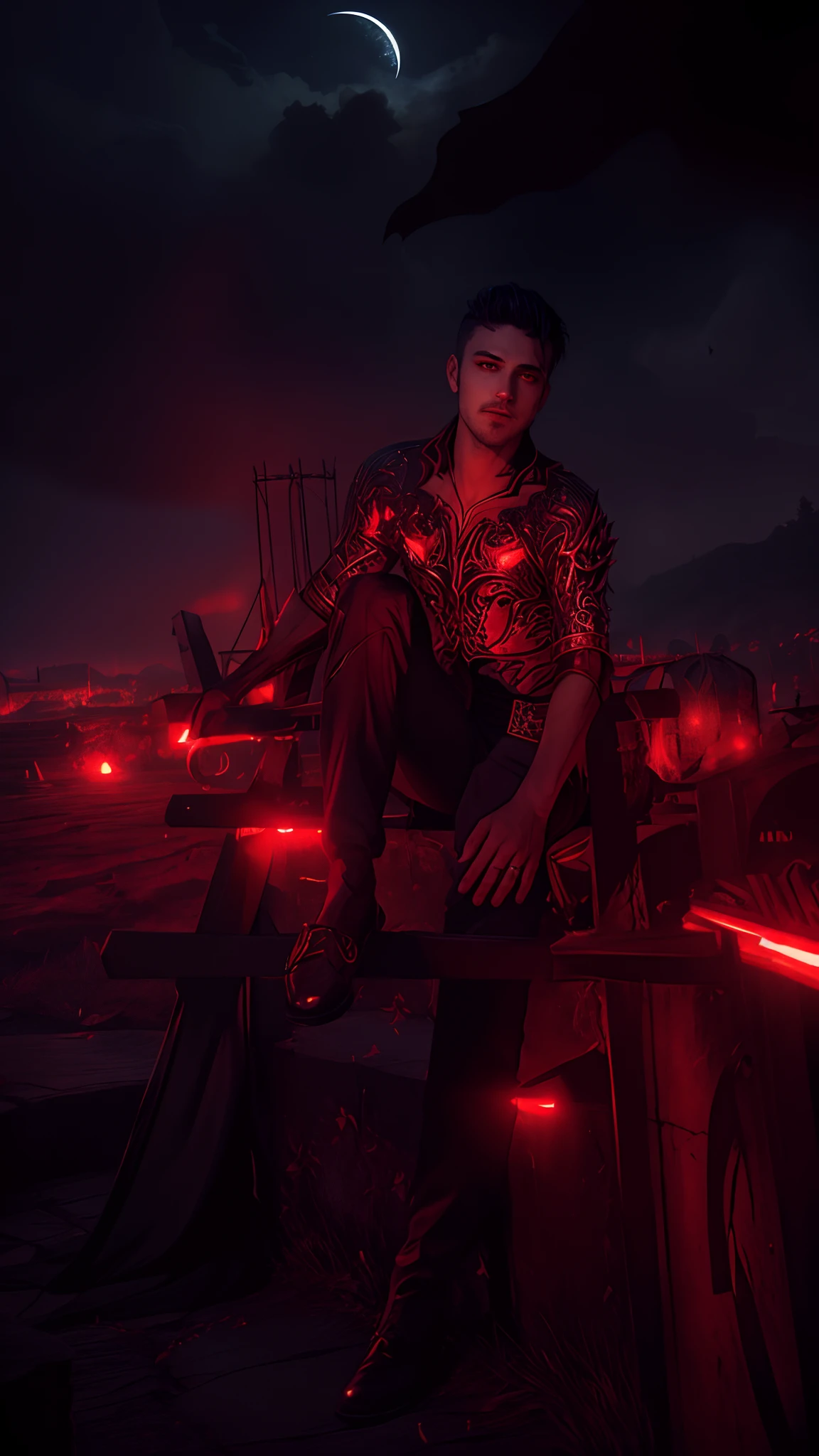 Fine, (Best Illustration), 8k Resolution, Intricate Details, Best Quality, Realistic, Ultra Detailed, Best Lighting, Best Shadows, Ultra HD, A Necromancer, Night, Magic, Dark Style, Vampire, Bat wings, red glowing eyes, handsome youth, prince