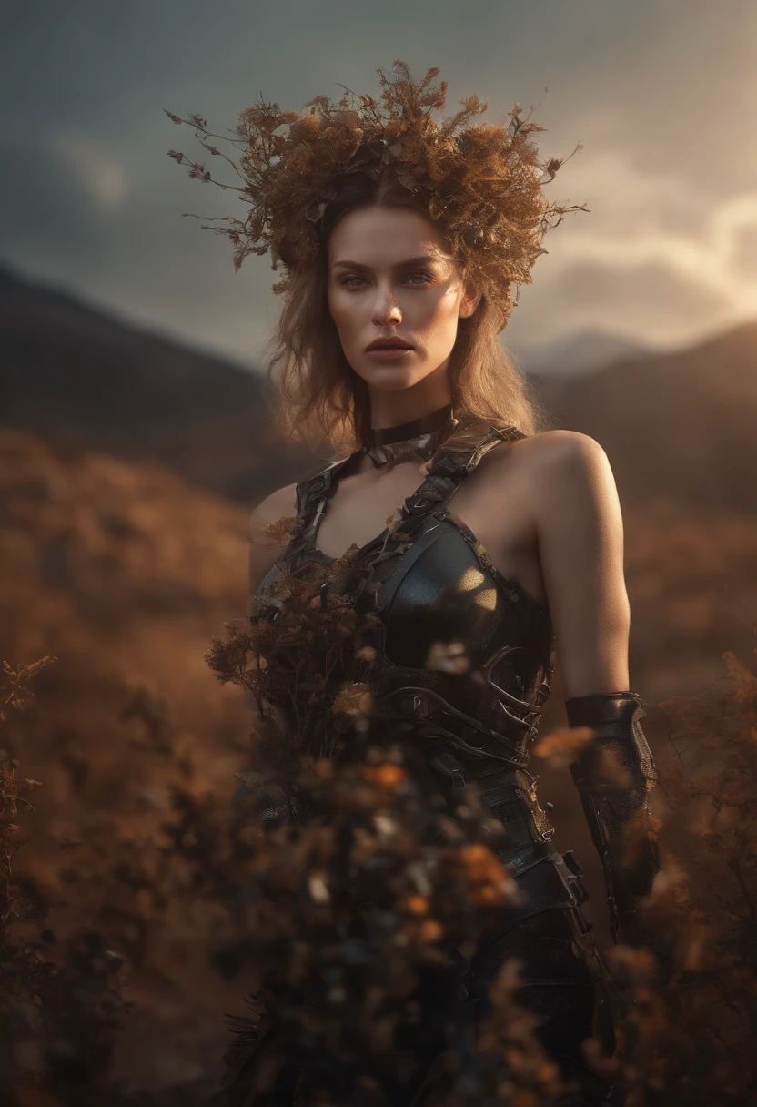 gorgeous undressed botanical cyborg in dry flowers, atomata, android, bokah diadem, damaged suit, dameged mask, cracked glass, scratche screen,damned lands,yule heaven, forgotten person,biomechanical cyborg, 8k resoultion, cinematic style digital art render with mechanical and futuristic details, Sci-Fi, hyper realistic , post apocalyptic, damaged, surreal,surreal, withered nature, withered plants and leaves , dried , sunset,blurred environment background, (perfectly shaped eyes:0.8), portrait, digital art, concept art, post processed, dynamic lighting, (painted by bochen and wlop, stylized by nixeu and greg rutkowski), trend on pixiv, perfect composition, cinematic, majestic, detailed, sharp details, sharp focus, perfect anatomy, shiny, masterpiece, award-winning photography, fine-tuning face, masterpiece, art by yoshiyuki sadamoto and matt banning