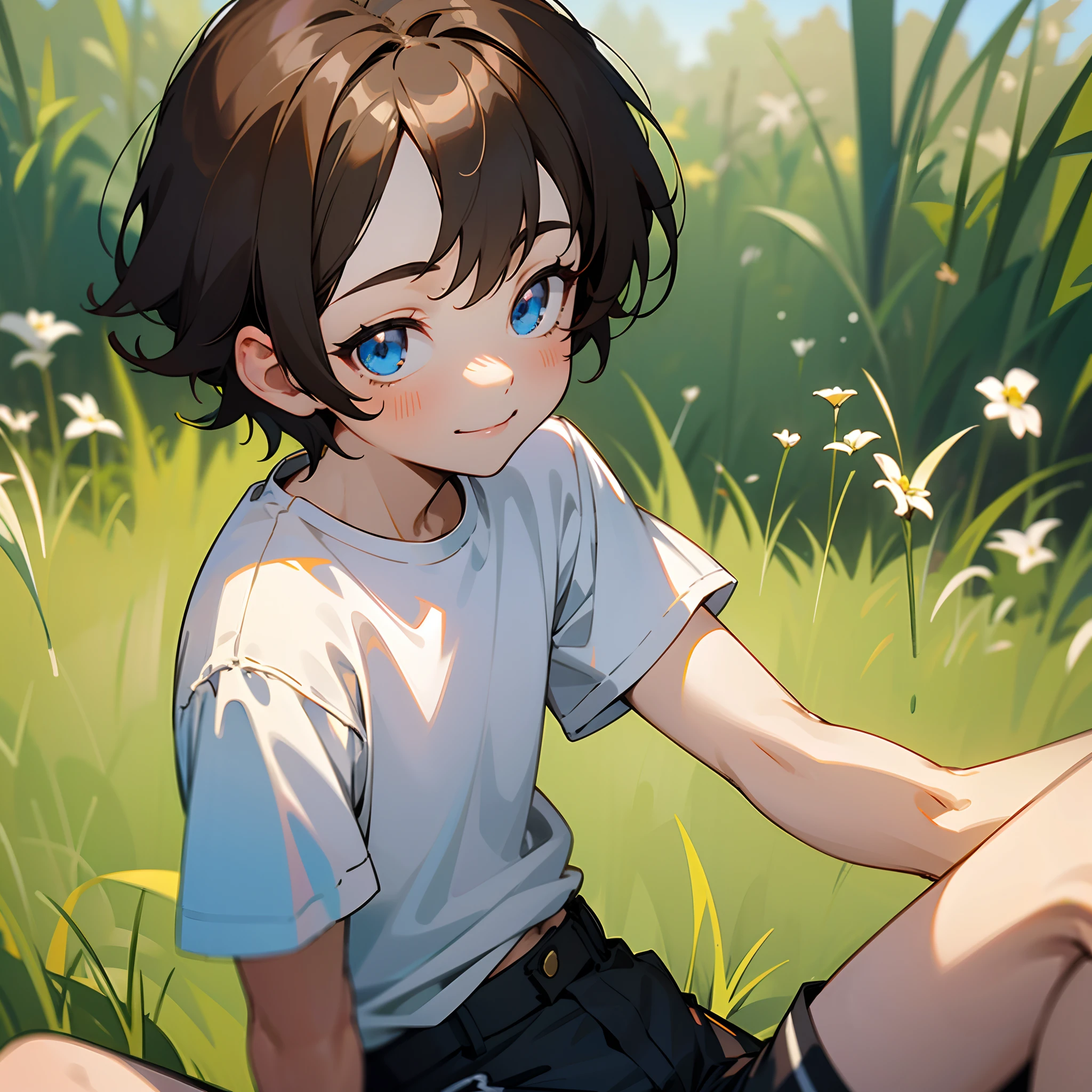 1littleboy, short brown hair, white t-shirt, short stature, blue eyes, black shorts, smile, sitting on the grass, alone, best quality, masterpiece, portrait, nature background, looking at the camera, from the front, 1result, vibrant, detailed, perfect anatomy, detailed art, high definition, 4k, high resolution