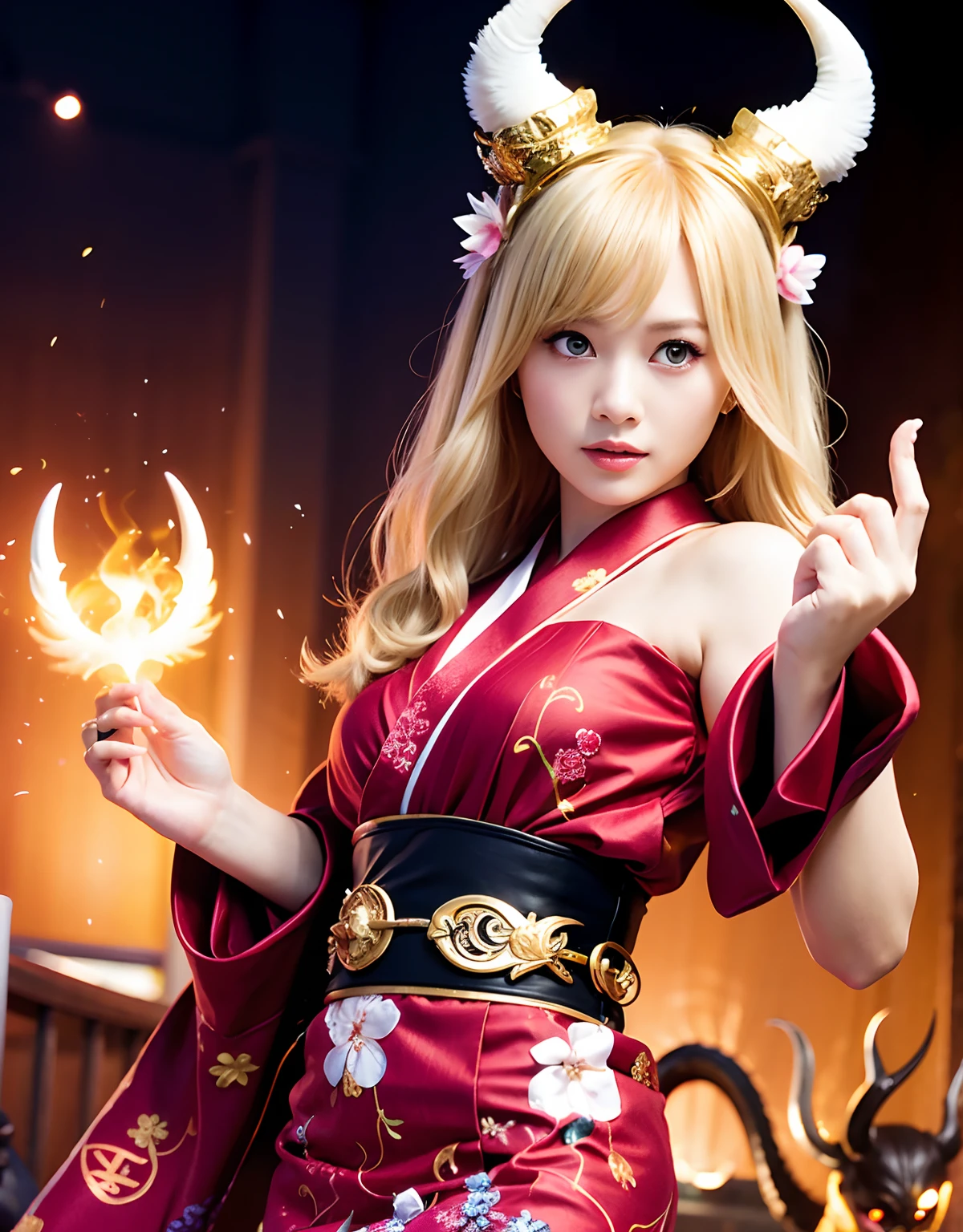 ((White ghost flies)),Professional , masterpiece、top-quality、photos realistic , depth of fields 、(Various poses)、(Background of cherry blossoms in full bloom),(Ultimate Beauty)、(A dark-haired)、(Fight ninjas)、Mystical expression、(Kimono with scary pattern)、(Night background)、((Devil's Wings Grow)),(Wear a kimono with a horror pattern),Armpit、(Wearing a beautiful kimono with colorful scary patterns)、Jewel Gold Weapon、Particles of light),(Has a devil's mask)、Gorgeous gold weapons ,Skeleton population、(( Gorgeous Dragon Sword)) , (a dark night),,(White ghost flies) 、((Black Haired Beautiful Girl))、(Castle background)、(demonic wings)、((Gangle's forest background))、Beautiful Caucasian beauty、1a person、dynamic ungle,(((Two devil's horns on the head)))、Smaller head、Idle Smile、Thin and beautiful female hands、Mystical expression、Light Effects、intense fighting、Wind-effect、magic circles、With the legendary magic wand、Dragon's tail、