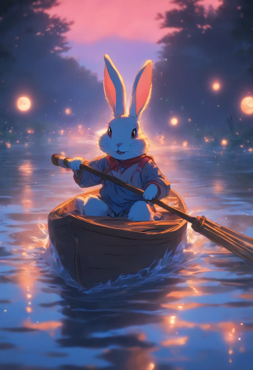 natta，themoon，Anthropomorphic rabbit rowing in the river