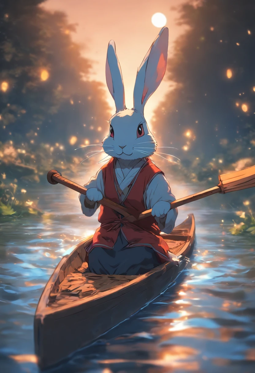 natta,themoon,Anthropomorphic rabbit rowing in the river