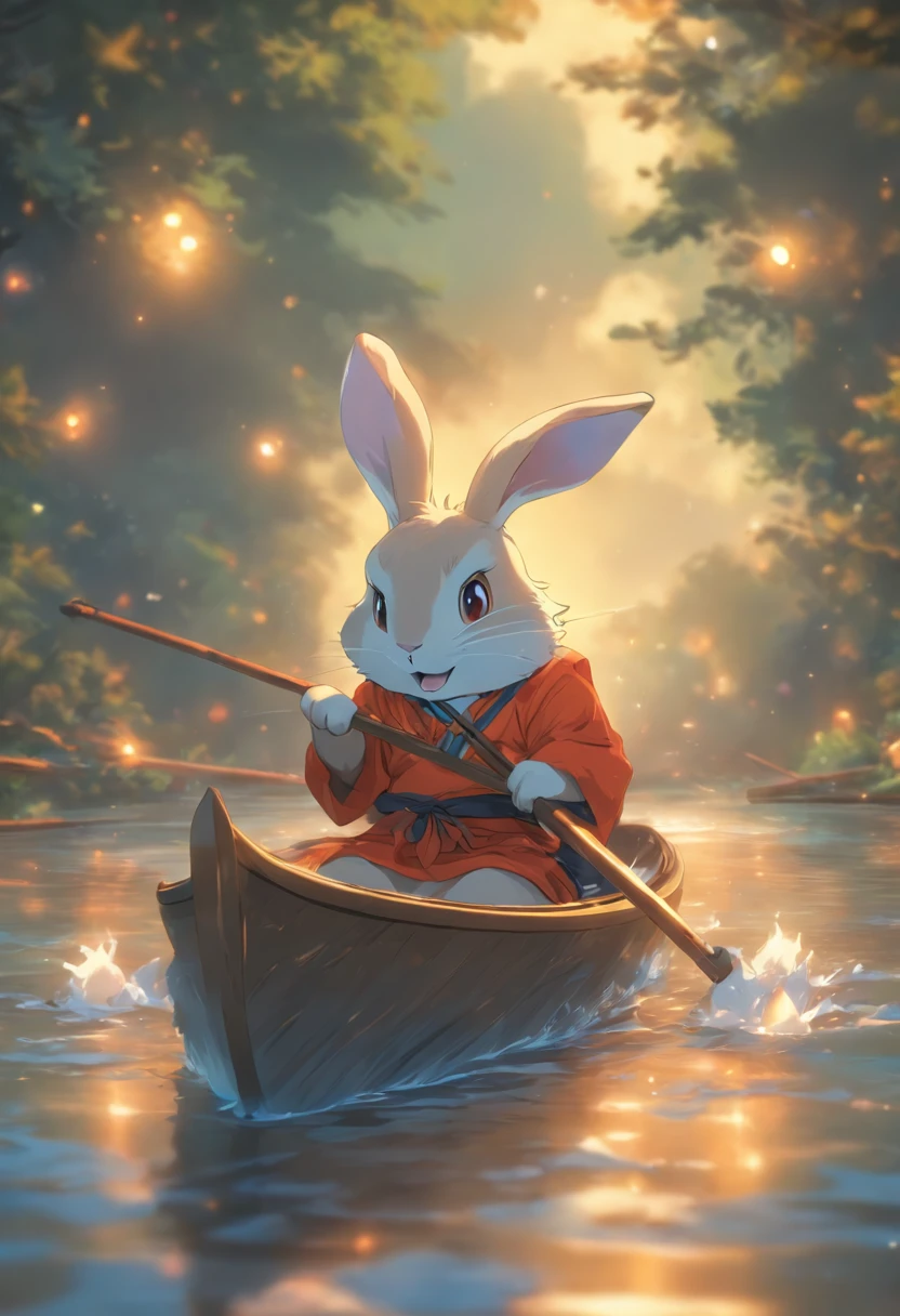 natta,themoon,Anthropomorphic rabbit rowing in the river