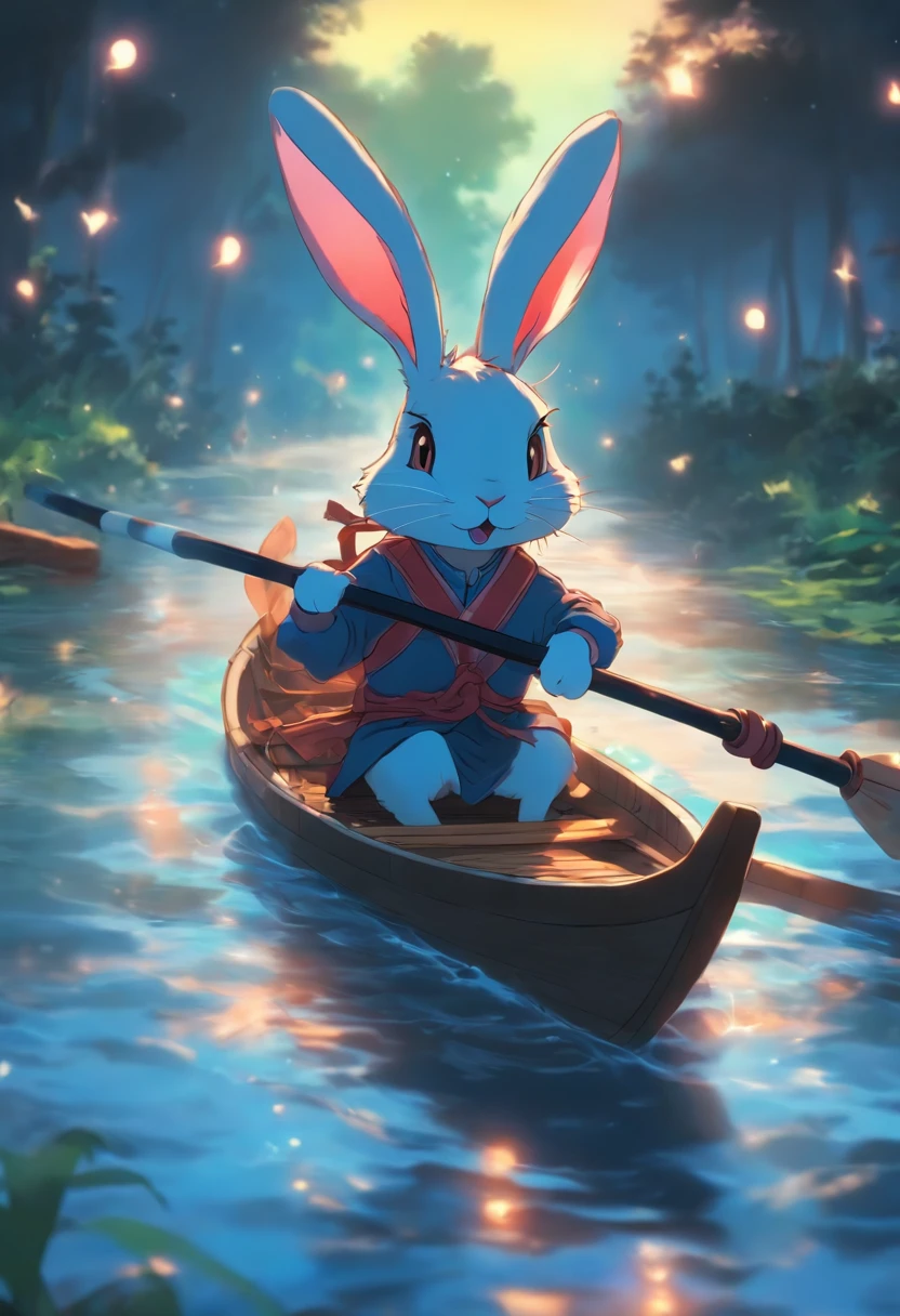 natta,themoon,Anthropomorphic rabbit rowing in the river