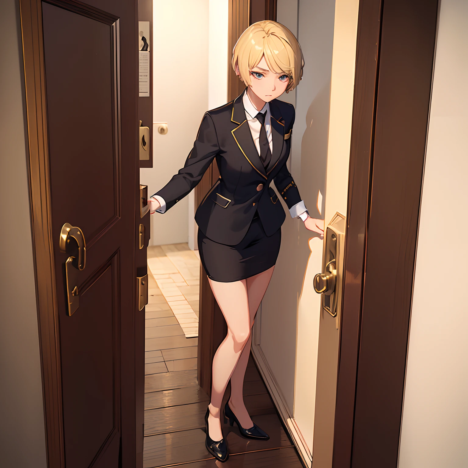 1girll,(short blonde hair:1.6),Business suit,Skirt that wraps hips,black short socks,Mature and beautiful and sexy,Rich and noble families,In the corridor of the villa,(Knocking on the door:2),facing away from the audience,seductive, Ultra-detailed CG,Exquisite facial features,Clear facial expressions,Detailed digital anime art,Digital anime art,High quality anime art style