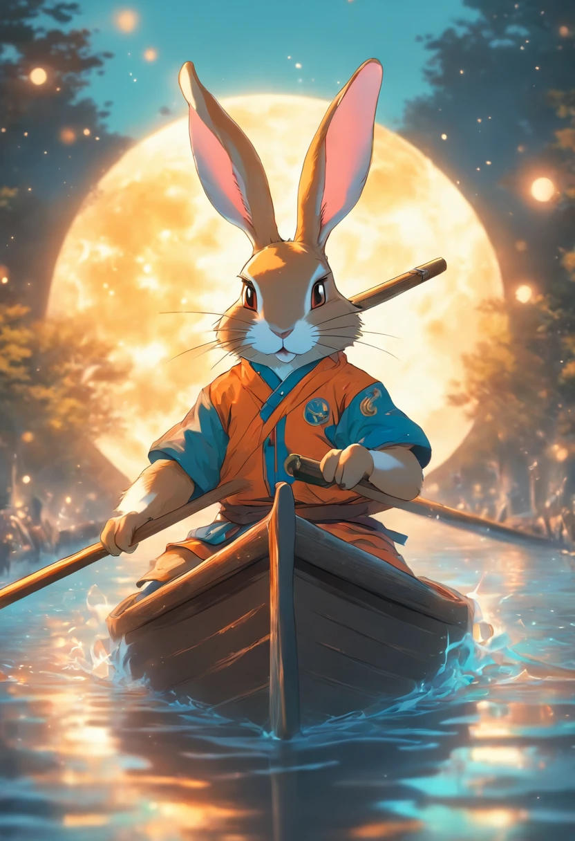 natta,themoon,Anthropomorphic rabbit rowing in the river