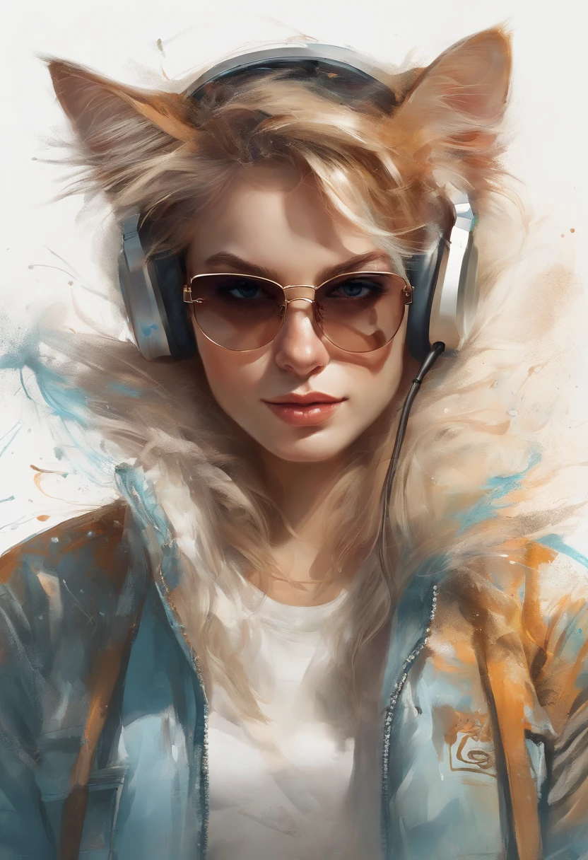 Perfect centering, Cute cat, Wear a student team jacket, Wearing sunglasses, Wearing headphones, cheerfulness, Standing position, Abstract beauty, Centered, Looking at the camera, Facing the camera, Approaching perfection, Dynamic, Highly detailed, Smooth, Sharp Focus, 8K, hight resolution, Illustration, art by carne griffiths and wadim kashin, White background