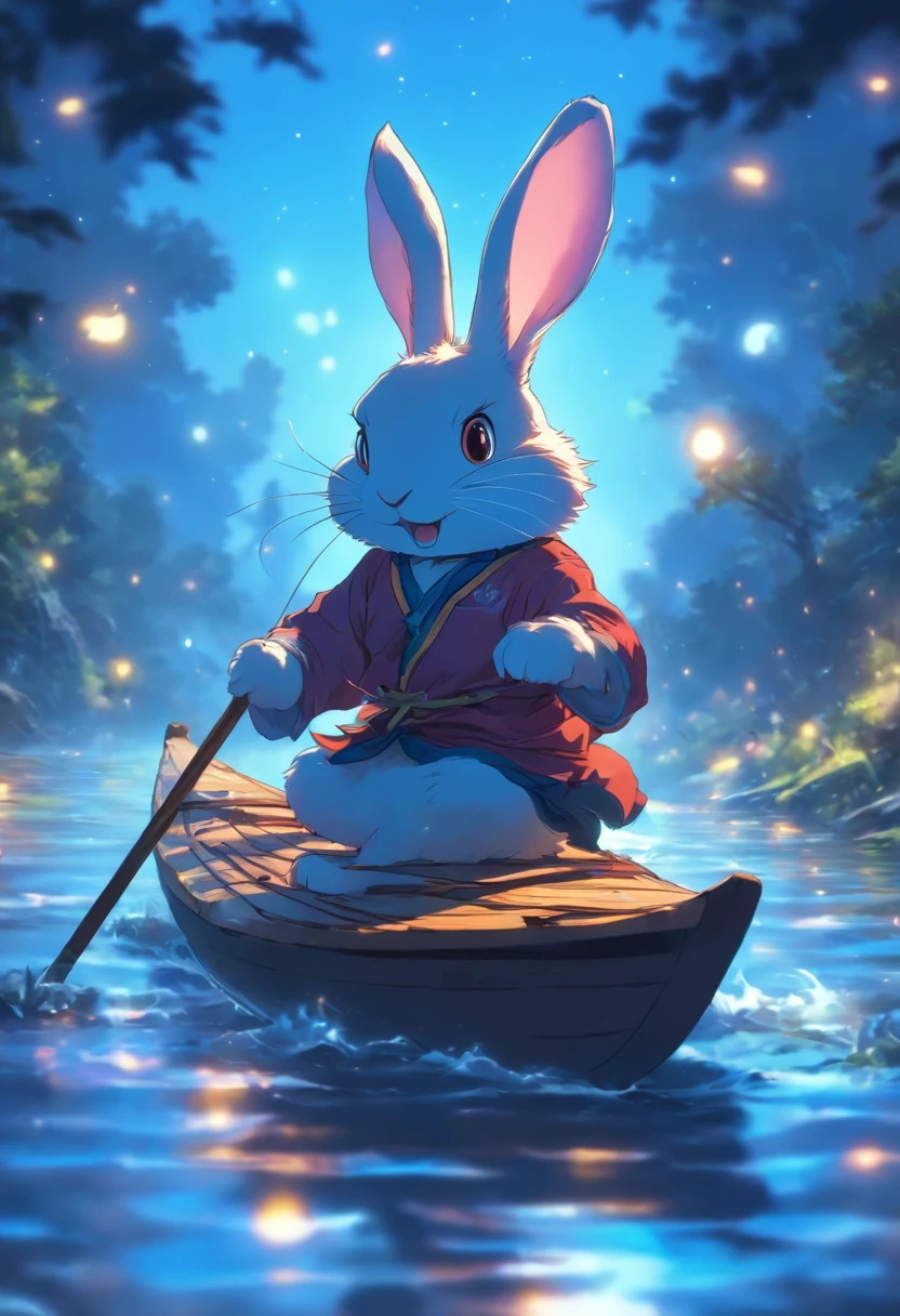 natta，themoon，Anthropomorphic rabbit rowing in the river