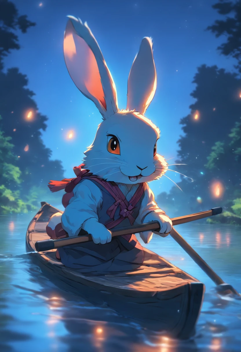 natta,themoon,Anthropomorphic rabbit rowing in the river