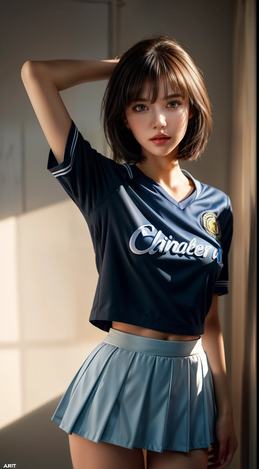 ((sfw)), ((best quality)), ((masterpiece)), ((realistic)), (detailed), , a fun (cheerleader) LittleCaprice, wearing an (detailed cheerleader uniform:1.4), midriff, (detailed skirt:1.4), well lit, dramatic lighting, deep shadows and brilliant highlights, (intense eye contact), gorgeous eyes, seductive devious smirk, beautiful face, (highly detailed face, realistic skin texture), pastel theme, (artistic erotica), high quality, (by arny freytag), (by artgerm:1.2), black short hair, black short hair, black short hair with bangs, short hair, midshot, centered image, ultra detail, extremely face detail, extremely eye detail