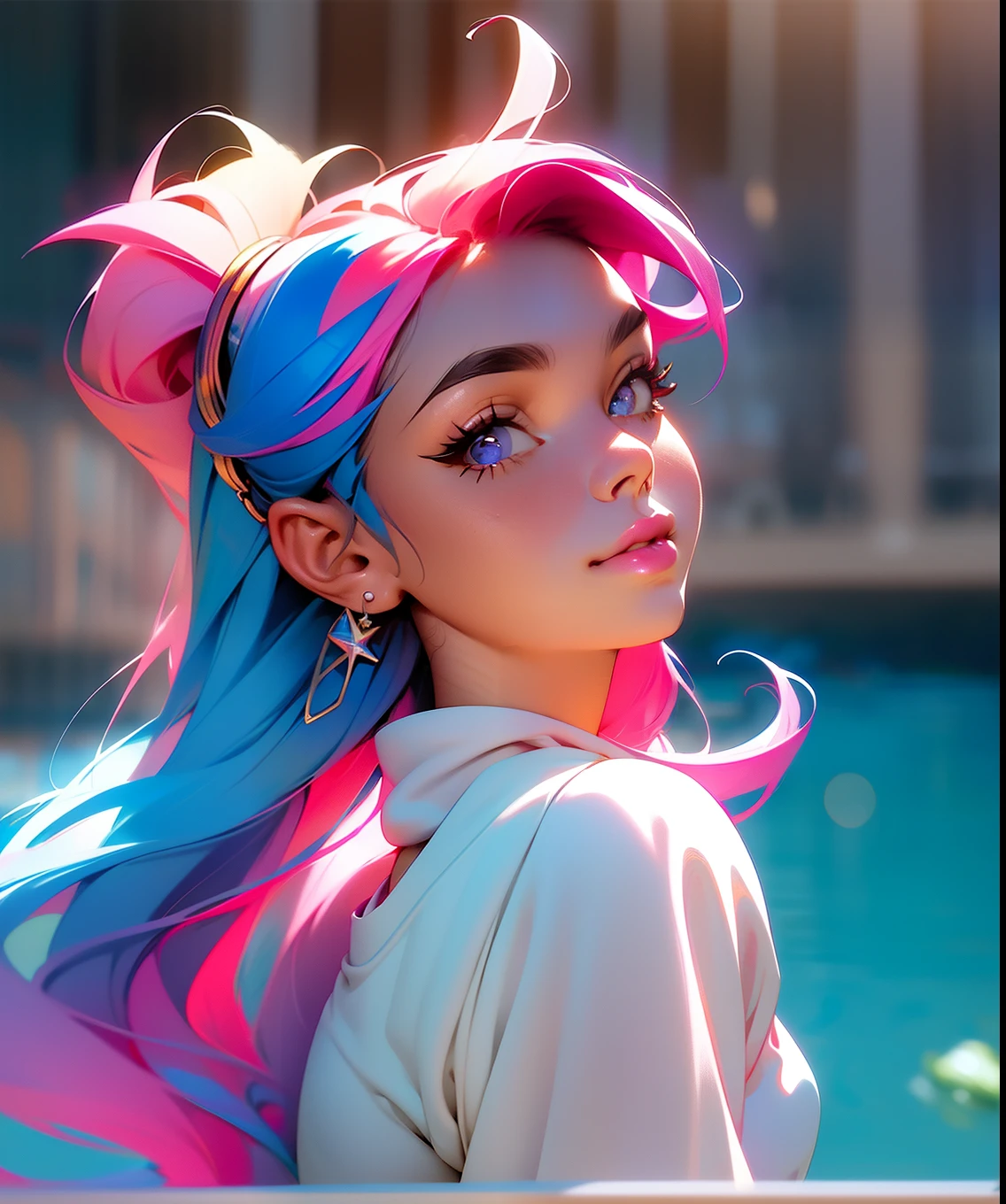 a close up of a person with colorful hair, inspired by Mandy Jurgens, with soft pink colors, realistically rendered clothing, tiktok, real-life brook, sculpted out of candy, no watermark signature, a full-color airbrushed, art of silverfox, sussy baka