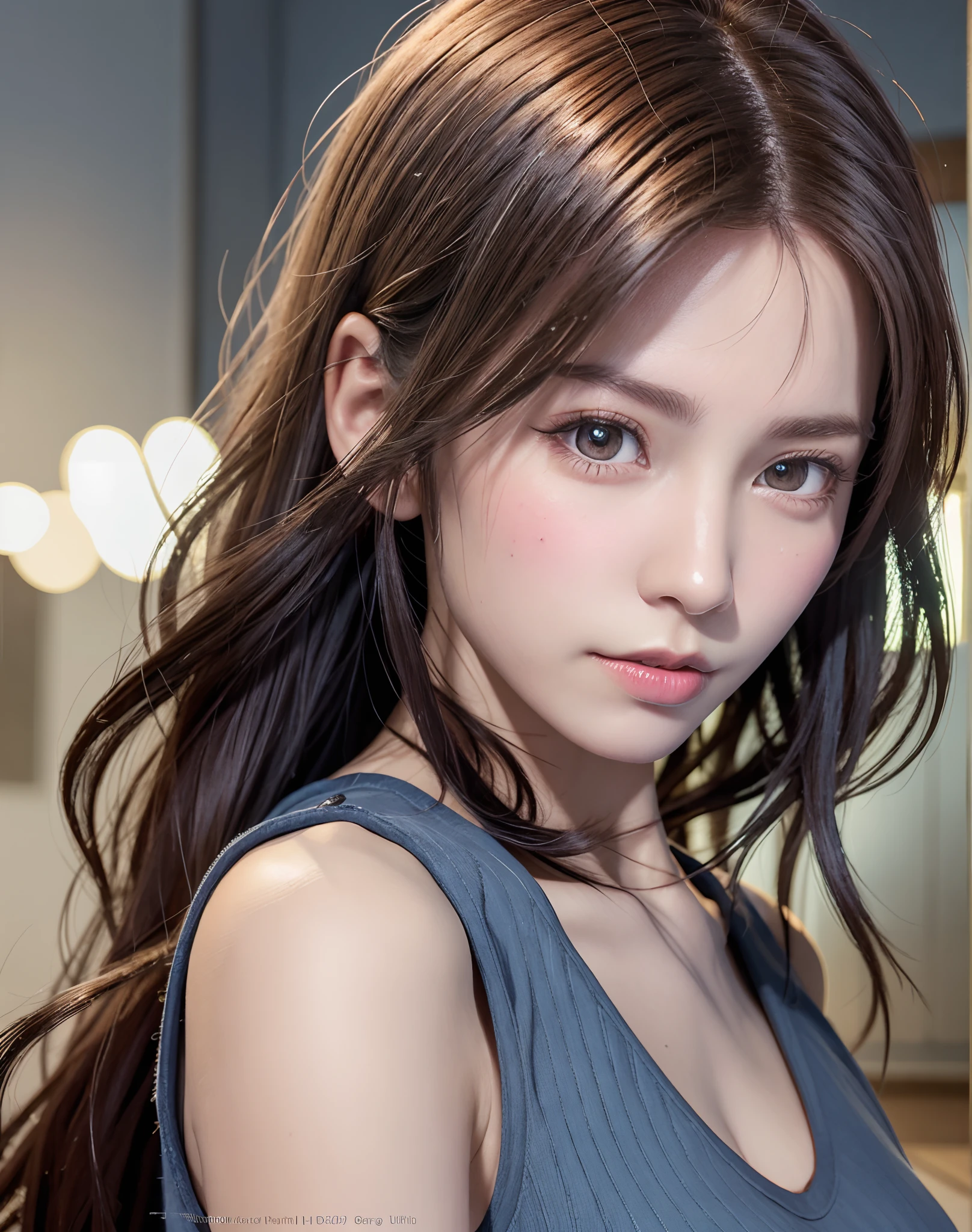 high quality picture, masutepiece, detailed hair texture, Detailed skin texture, Detailed Cloth Texture, 8K, Add fabric details, ultra detailed skin texture, ultra detailed photographic, Skin pores, Portrait of a girl, wearing tank top, Add cloth details, h...