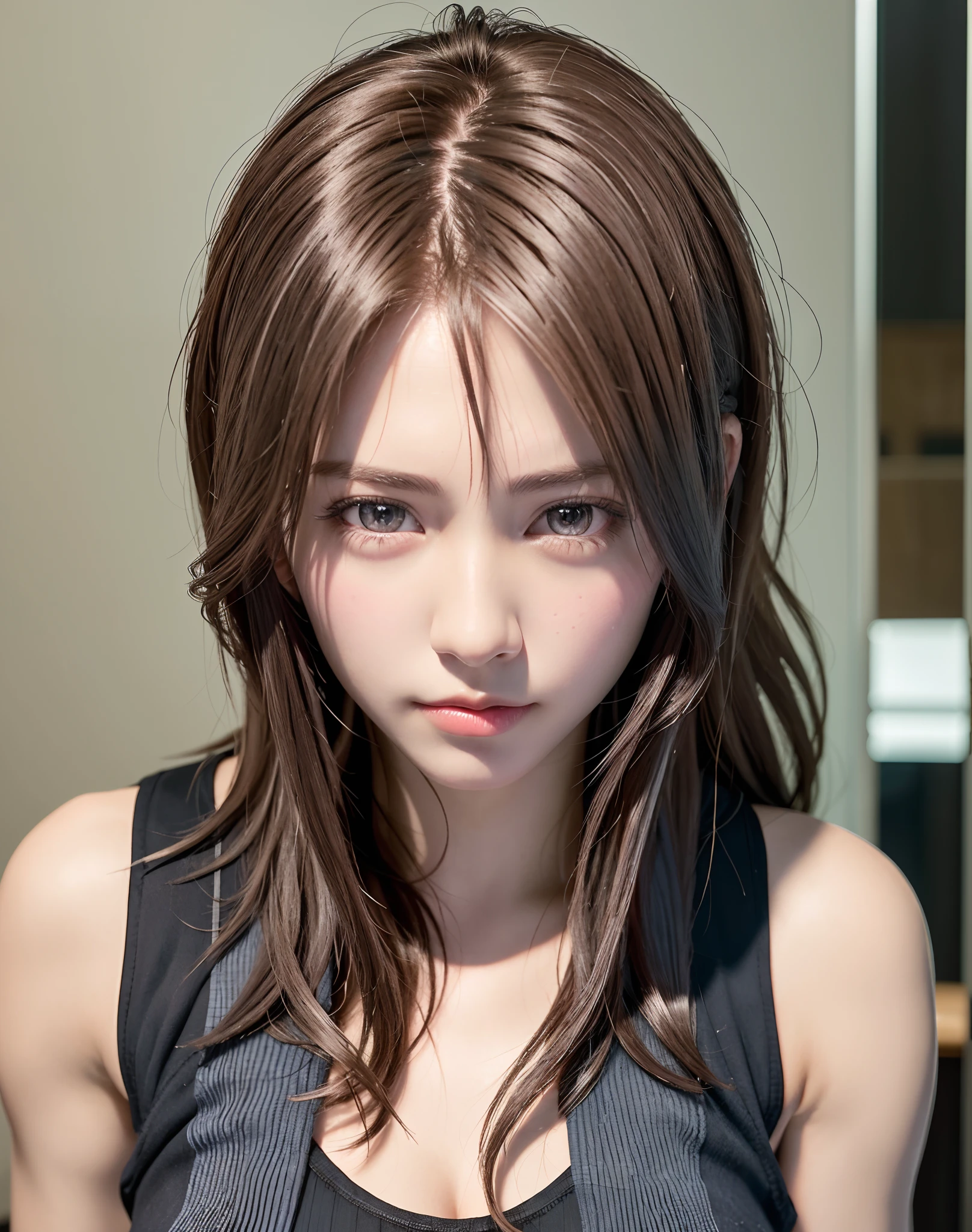 high quality picture, masutepiece, detailed hair texture, Detailed skin texture, Detailed Cloth Texture, 8K, Add fabric details, ultra detailed skin texture, ultra detailed photographic, Skin pores, Portrait of a girl, wearing tank top, Add cloth details, h...