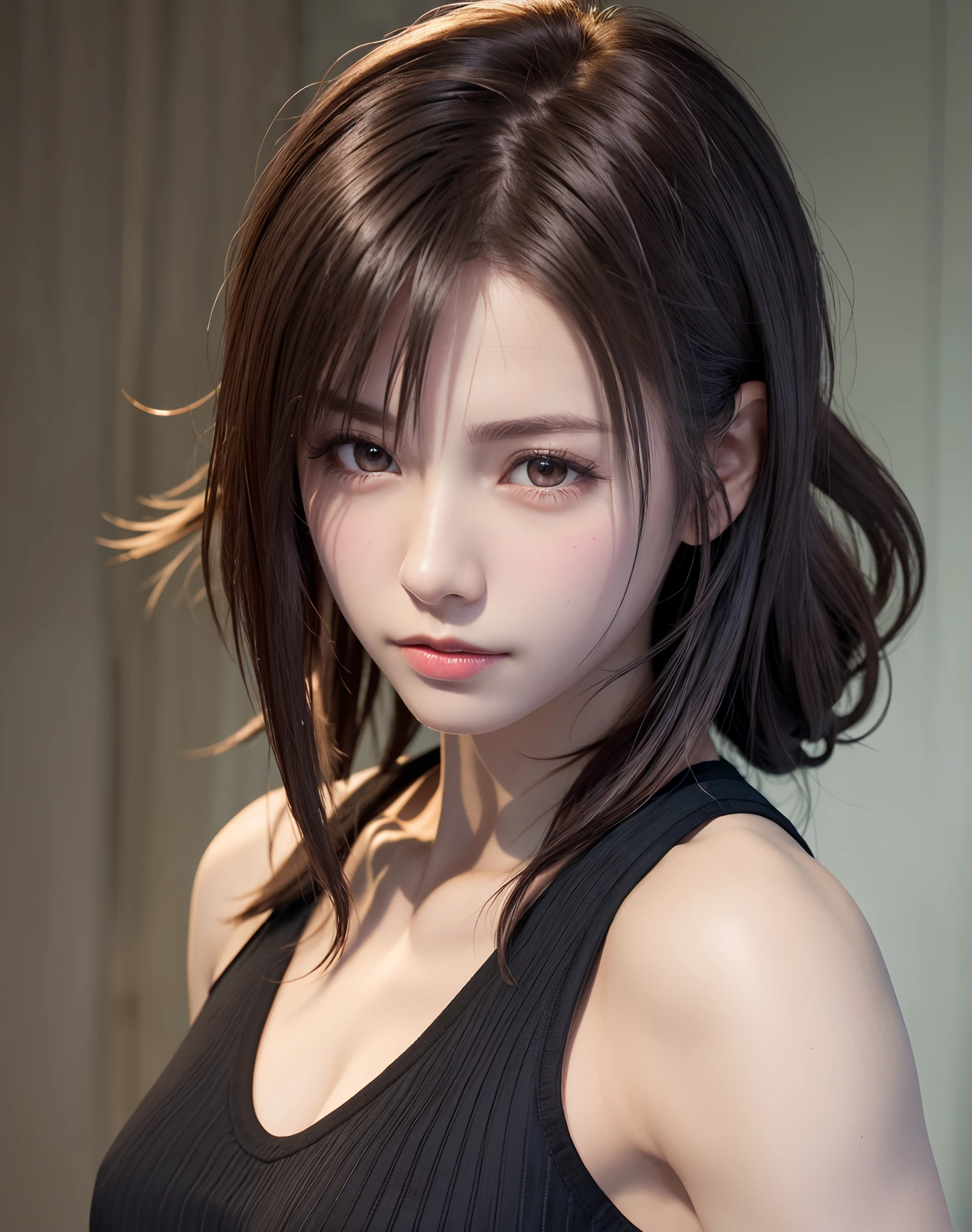 high quality picture, masutepiece, detailed hair texture, Detailed skin texture, Detailed Cloth Texture, 8K, Add fabric details, ultra detailed skin texture, ultra detailed photographic, Skin pores, Portrait of a girl, wearing tank top, Add cloth details, h...