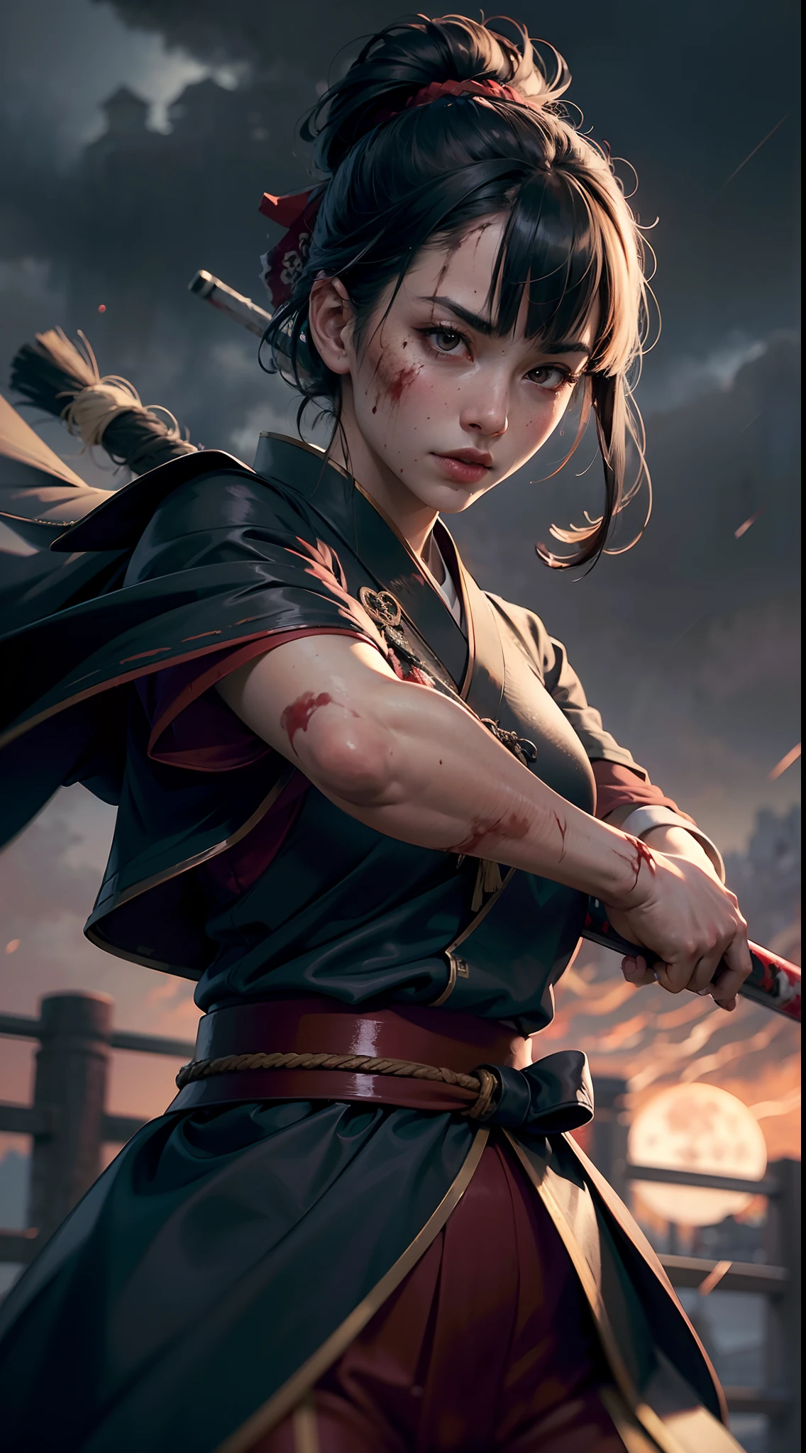 [object Object], (Detailed face features:1.3),1woman,japanese samurai,in the palace,((fighting stance:1.2)),blunt bangs,outdoor,stormy rain,cloudy sky,upper body,Japanese Warring States Clothing,red color sky,full-moon,red moon,at night,fierce wind,dynamic shot,black hair,red clothing,
(RAW photo, 16k, masterpiece, best quality: 1.2), (ultra realism, hyper detailed and intricate realism: 1.3), (wide depth of field, radiant mapping, ray tracing, god rays: 1.2), High dynamic range, vivid, rich details, clear shadows and highlights, realistic, intense, enhanced contrast,Holding a samurai sword,((blood on face:1.2)),((damaged clothing:1.3)),HDR,natural lighting,chignon