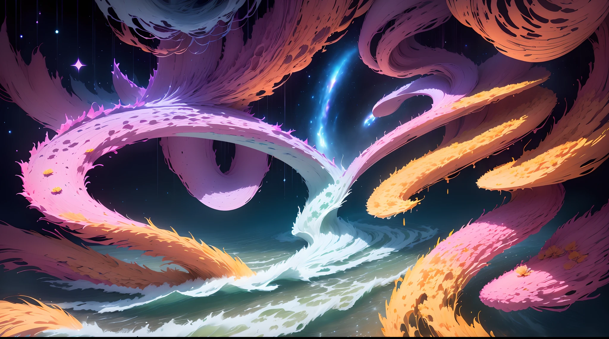 (star night\(Gawaincent William\)) [(Lots of flowers, yggdrasil:1.4):(Many colorful galaxies):0.3] (Color ink, Flowing, melted, Splashing ink Many galaxies, 6 Rotation (Colorful star clusters+vortex), Another 9 spins (Colorful star clusters+vortex) (Wide and colorful sea, Glowing seawater) spin, fantasy