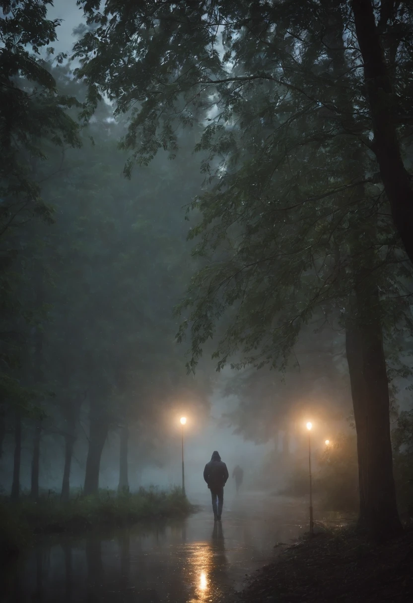 city.lake.heavy rain.3am a guy walking in the wild alone. .Heavy fog.. .firefly.dark.trees .,midnight . Mist.