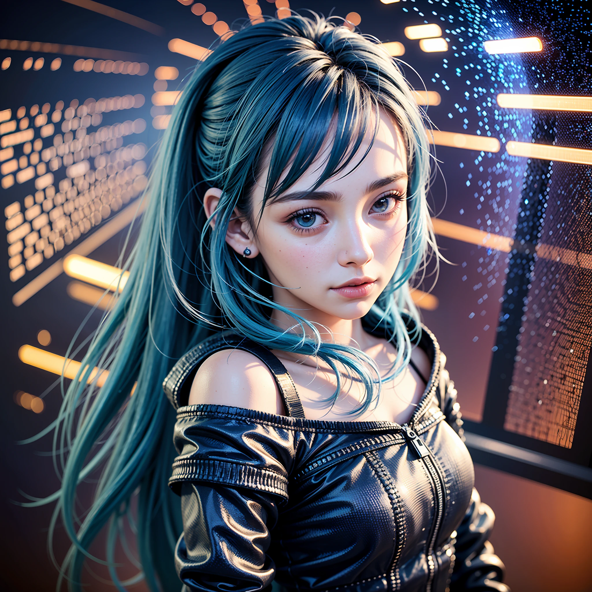 (masterpiece), best quality, ultra high res,little girl, cyberpunk 1girl flying above stunning cityscape ,hoodie,blue hair, neon color shooting stars, very long hair, off shoulder, feather hair ornament, neon colors, flashes, stunning night sky, cinematic lighting, photorealistic, realistic skin, HDR,fisheye