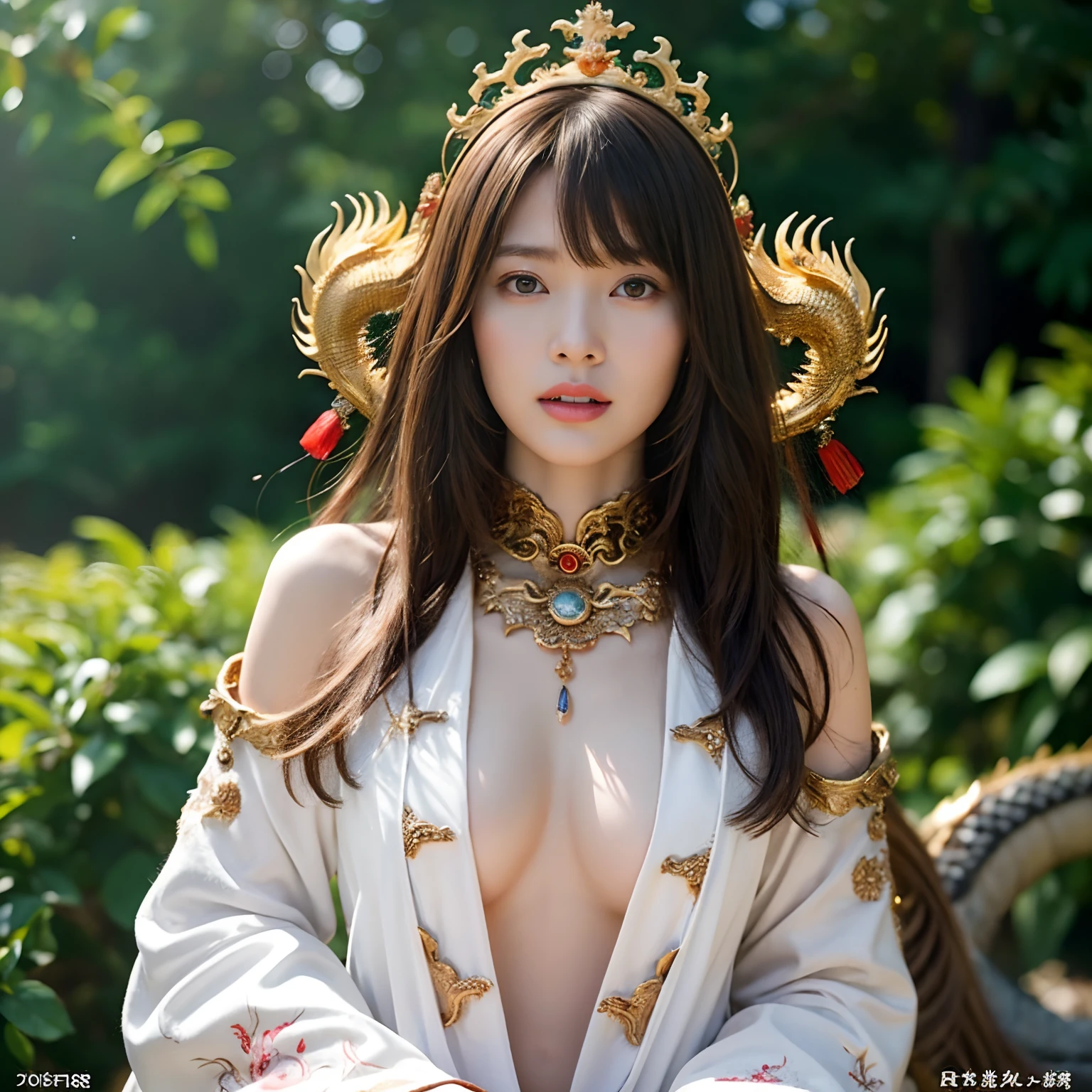 (Fight fiercely with dragons)、top-quality、​masterpiece、超A high resolution、（White Dragon Armor）、dragon armor、(Wearing a beautiful crown made of jewels),(Photorealsitic:1.4)、Raw photo、女の子1人、Golden hair、glowy skin、(((Chinese Dragon)))、（Gorgeous Jewelry Necklaces）、（Mystical expression）、（Fight big dragons）、With a beautiful knife、（White Metal Bodysuit）、(beautiful forest background)、Precipitous cliffs、(Small LED)、((super realistic details))、portlate、globalillumination、Shadow、octan render、（One-Eyed Scouter）、8K、ultrasharp、Colossal tits、Raw skin is exposed in cleavage、metals、Details of complex ornaments、Japan details、highly intricate detail、Realistic light、CGSoation Trends、Red Eyes、radiant eyes、Facing the camera、neon details、(Mechanical limbs)、(blood vessels connected to tubes)、Mechanical vertebrae attached to the back、mechanical cervical attaching to neck、(Wires and cables connecting to the head)、Gundam、Small LED、,Mechanical thighs、Toostock、（Hands are also made of machines）、（veils）、