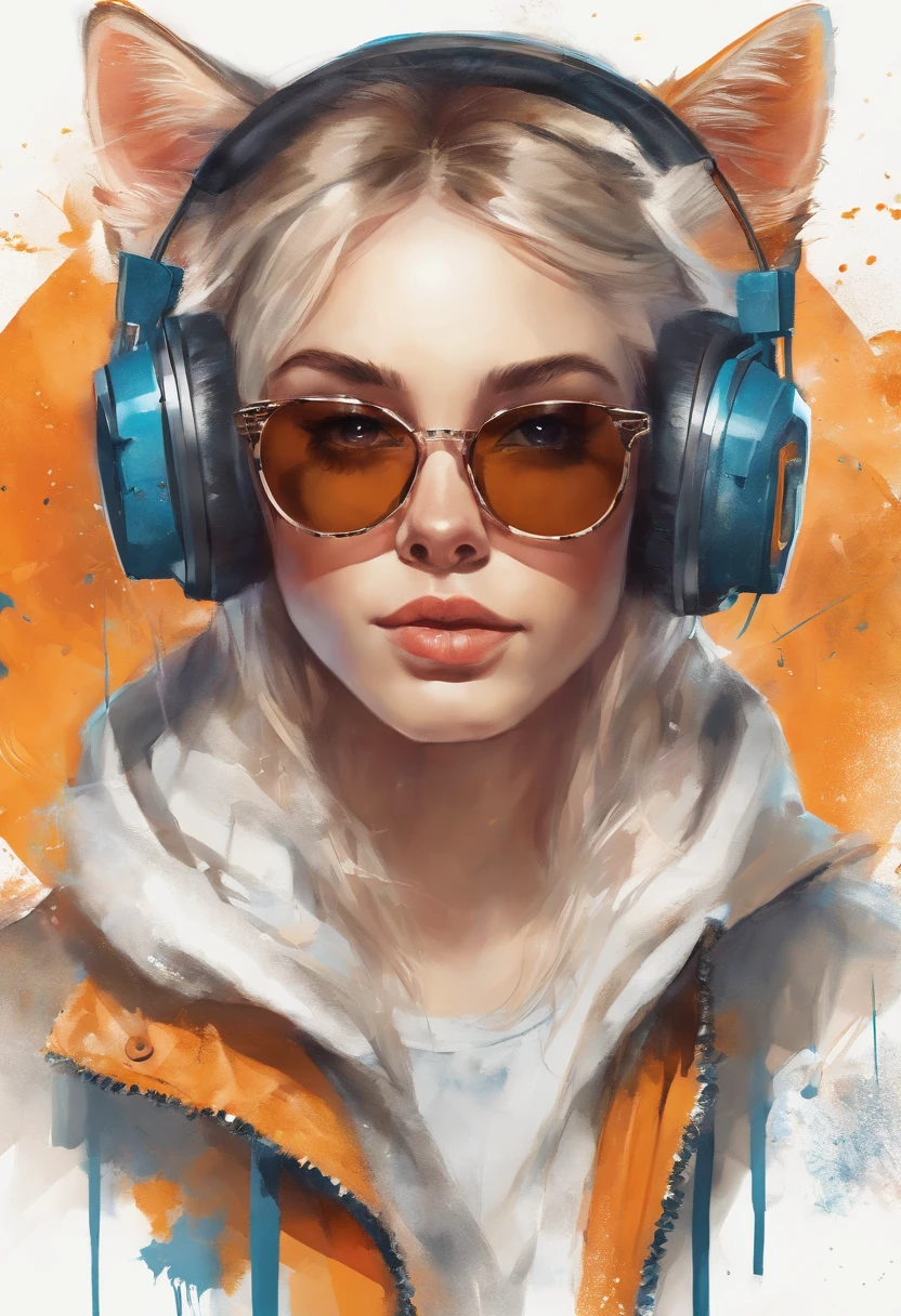 Perfect centering, Cute cat, Wear a student team jacket, Wearing sunglasses, Wearing headphones, cheerfulness, Standing position, Abstract beauty, Centered, Looking at the camera, Facing the camera, Approaching perfection, Dynamic, Highly detailed, Smooth, Sharp Focus, 8K, hight resolution, Illustration, art by carne griffiths and wadim kashin, White background