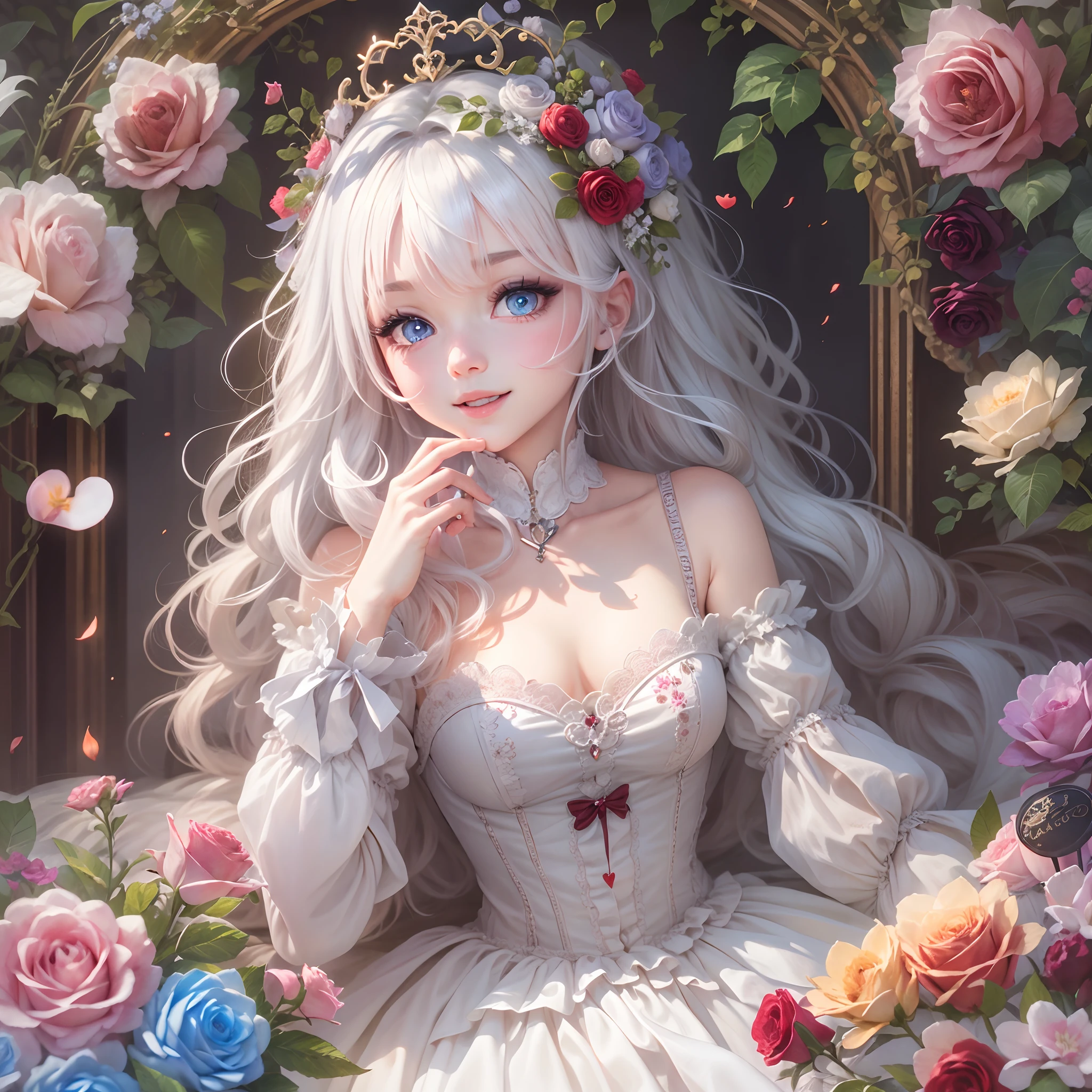 masutepiece, Best Quality, Ultra-detailed, Extremely detailed, 4K, 8K, Best Quality, Beautiful, Illustration, Realistic, Real, Full body, Colorful, Gradation, full body focus, castle, Live performance venue, Luxury bed, Rose, Cute little girl s, 1girl in, Solo, gothic lolita costume, Beautiful white hair, beautiful rainbow eyes, Beautiful eyes, White-skinned, Long hair, （flat breast),（ tiny chest), Hair ornaments, wine glasses, wining, Flowers, lightsmile, Heart Effect
