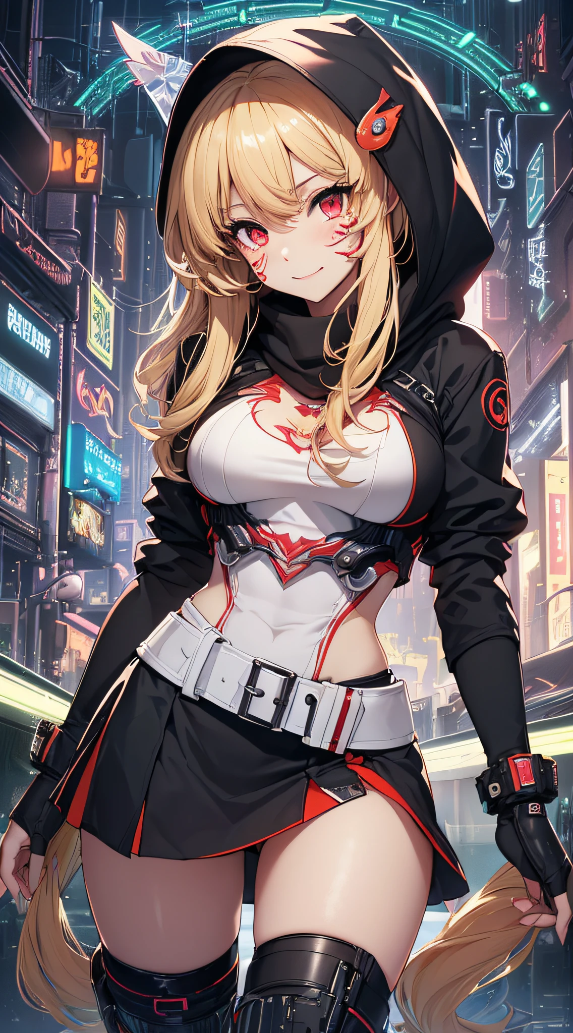 top-quality、Top image quality、masterpiece、evil girl with((18year old、Red, black and blue glowing cyber suit, falda corta, blonde hair streaked with red, black and blues hihlights, mystical,、Shining Cyber White Hoodie、Best Bust、Bust 90、Blonde Away Tail、Red Eyes、Valley、A slender、 insane smile、Red Face tattoo Paint、Black scarf、Reflecting the whole body、Slouch action))hiquality、Beautiful Art、Background with((nightcity、cyberpunked、nightclubasutepiece、Elaborate design、visualart、