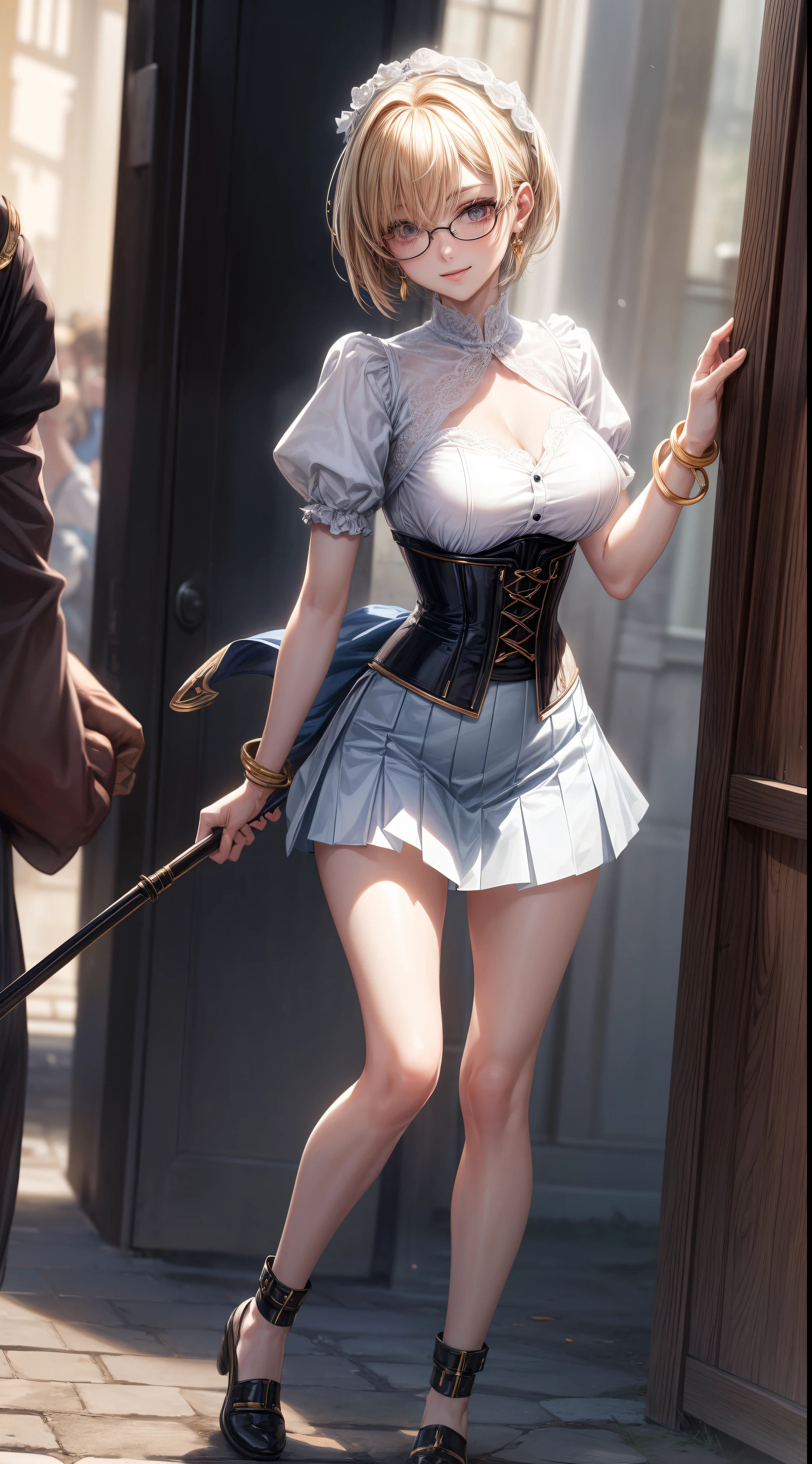 8K, masutepiece, Raw photo, Best Quality, Photorealistic, Highly detailed CG Unity 8k wallpaper, depth of fields, Cinematic Light, Lens Flare, Ray tracing, (Extremely beautiful face, Beautiful lips, Beautiful eyes), intricate detail face, ((Ultra detailed skin)) 1girl in, In the Dark, deepshadow, Pretty Korean girl, Kpop Idol, 1 girl, (Very slim and slender fit muscular body:1.3), ((Looking at Viewer)),(Big smile:1.3), (Blurred background),(No people in the background:1.3), Beautiful earrings, Bracelets, Clear eyes, Walking, (pale skin), (Big eyes), Face forward, (Golden bristles), (Full body shot), , ((blue high waist skirt)), , (Looking at Viewer:1.3) opened breast, Very slim, medium breasts, ass forcus, Before the eyebrows, thick thighs((whiteshirt:1.3)), (double-breasted,Underbust:1.2), Short sleeves, buttonGap,Frameless glasses,Corset Belt,Beautiful short cut hair,a blond,