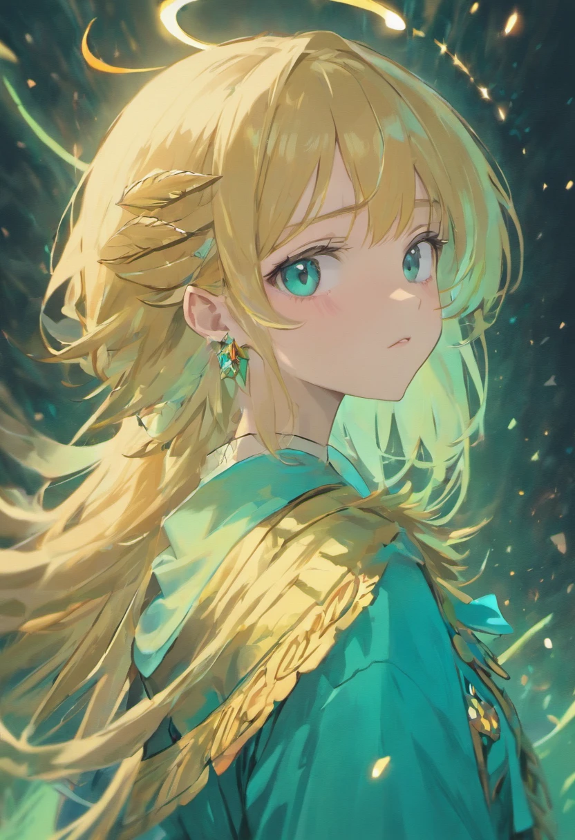 (best quality,4k,8k,highres,masterpiece:1.2),ultra-detailed,(realistic,photorealistic,photo-realistic:1.37),portraits,sharp focus,stunning lighting,soft color tones,beautiful detailed eyes,beautiful detailed lips,extremely detailed eyes and face,long eyelashes,blond girl,side view,gentle smile,turquoise eyes,piercing gaze,ethereal beauty,golden feathers over her ear,sparkling turquoise clothes,fine textures,dark turquoise background with stars,peaceful atmosphere,serene ambiance.