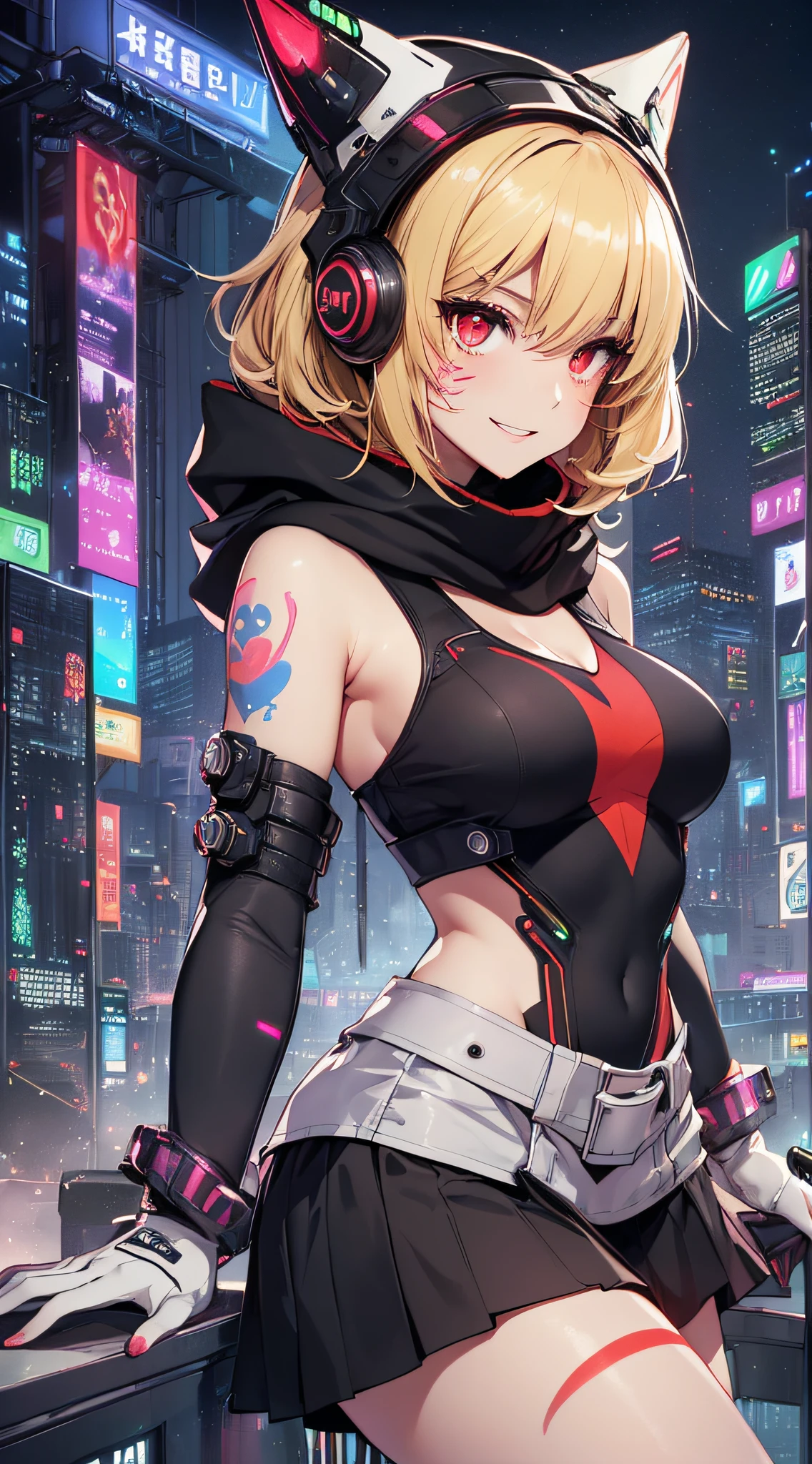 top-quality、Top image quality、masterpiece、girl with((18year old、Black and white cyber tank top、Green Line Cyber Short Skirt、Glowing Cyber White Hoodie、Best Bust、Bust 90、Blonde Away Tail、Red Eyes、open chest wide、Valley、Happiness、A slender、ssmile、Red Face Paint、Black scarf、Reflecting the whole body、clow pose、Slouched))hiquality、Beautiful Art、Background with((nightcity、cyberpunked、nightclubs))、masutepiece、Elaborate design、visualart、