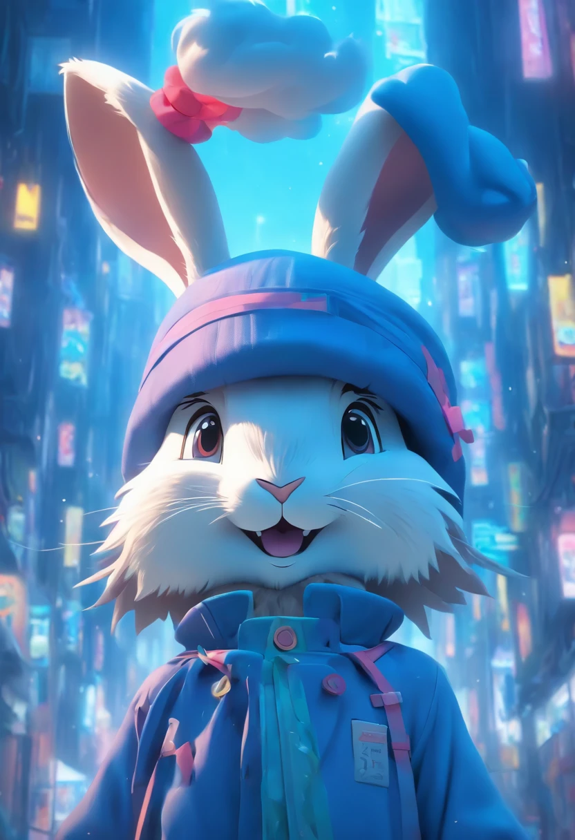 3d rabbit wearing a blue hat and blue coat,