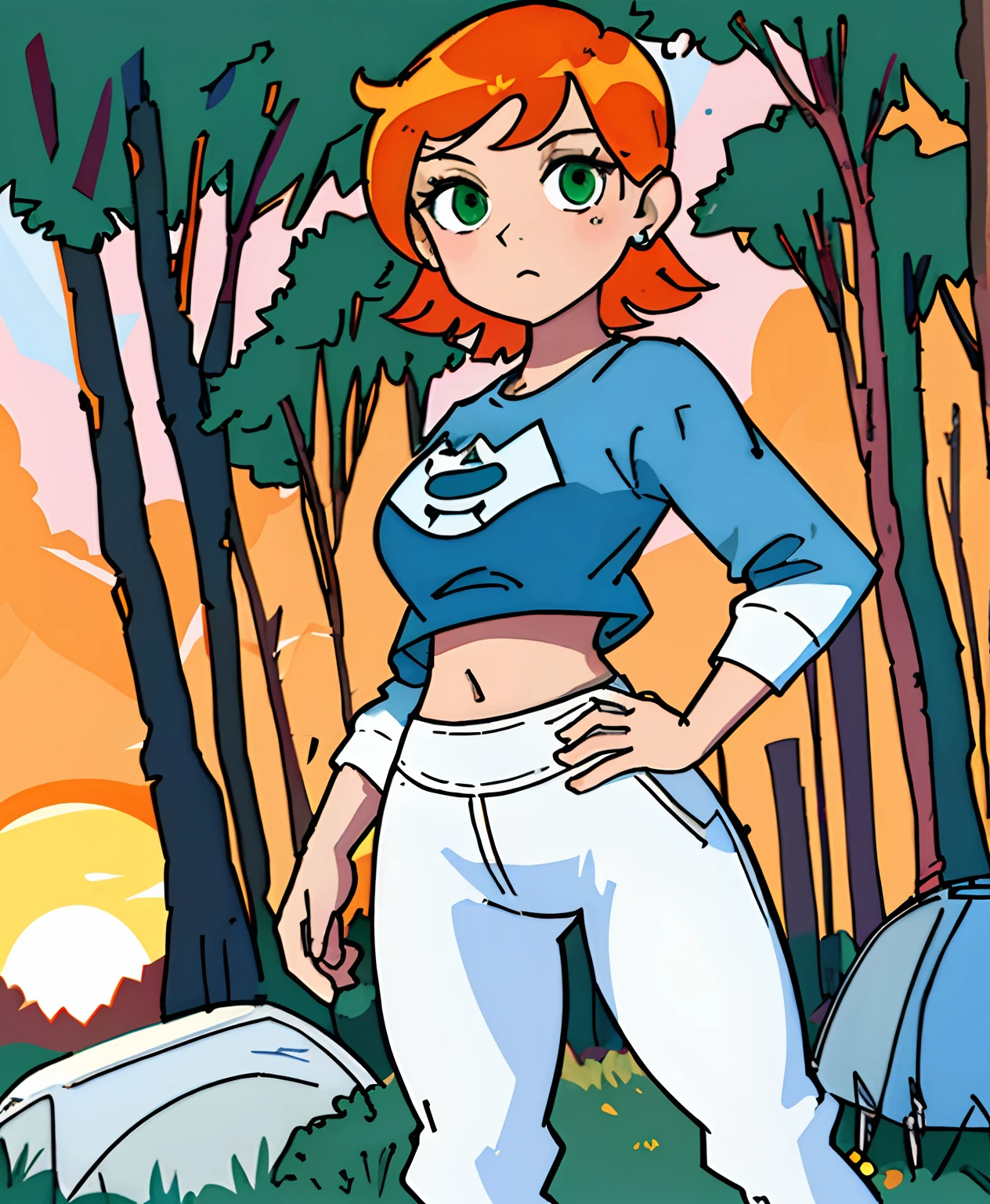 [gwen_tennyson], ((masterpiece)), ((high quality)), ((HD)), ((solo portrait)), ((beautiful 2D art)), ((detailed shading)), ((intricate details)), {orange hair, (cute green eyes), short hair, short eyelashes, small boobs, (beautiful legs), (expressionless), (camel toe)}, {(blue and white long-sleeve tee shirt, (white yoga pants), blue canvas sneakers}, {(squatting), (hands on thighs), (looking at viewer)}, [Background; (trailer), (campsite), (woods), (sunset), (sun rays)]
