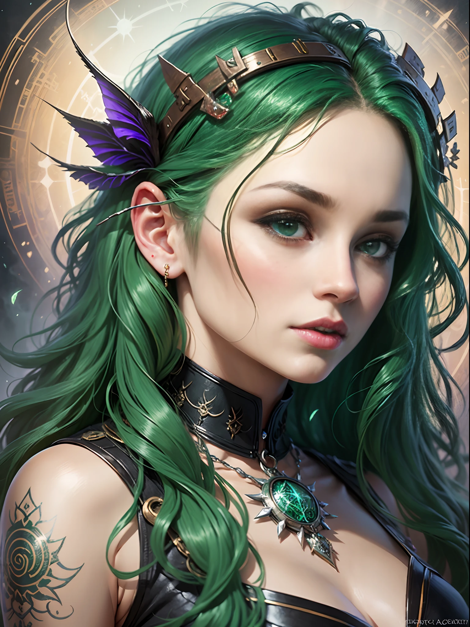 a close up of a woman with long hair and green hair, detailed matte fantasy portrait, beautiful female gorgon, fantasy portrait art, elfic priestess, luthien, fantasy art portrait, beautiful fantasy art portrait, hecate, celtic fantasy art, yennefer of vengerberg, tom bagshaw donato giancola, hecate goddess